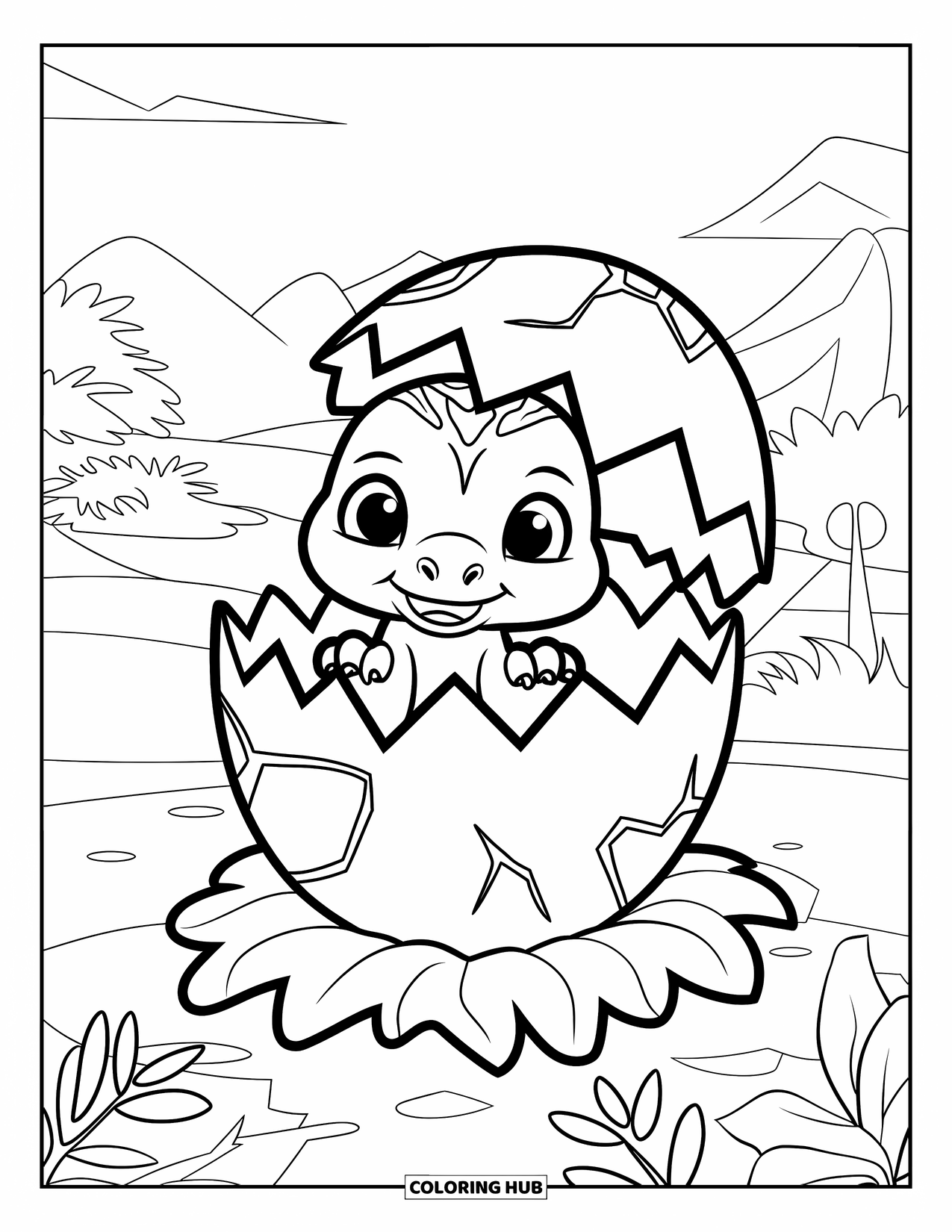Dinosaur Coloring Page for Kids: A baby dinosaur with big eyes hatches from an egg surrounded by plants