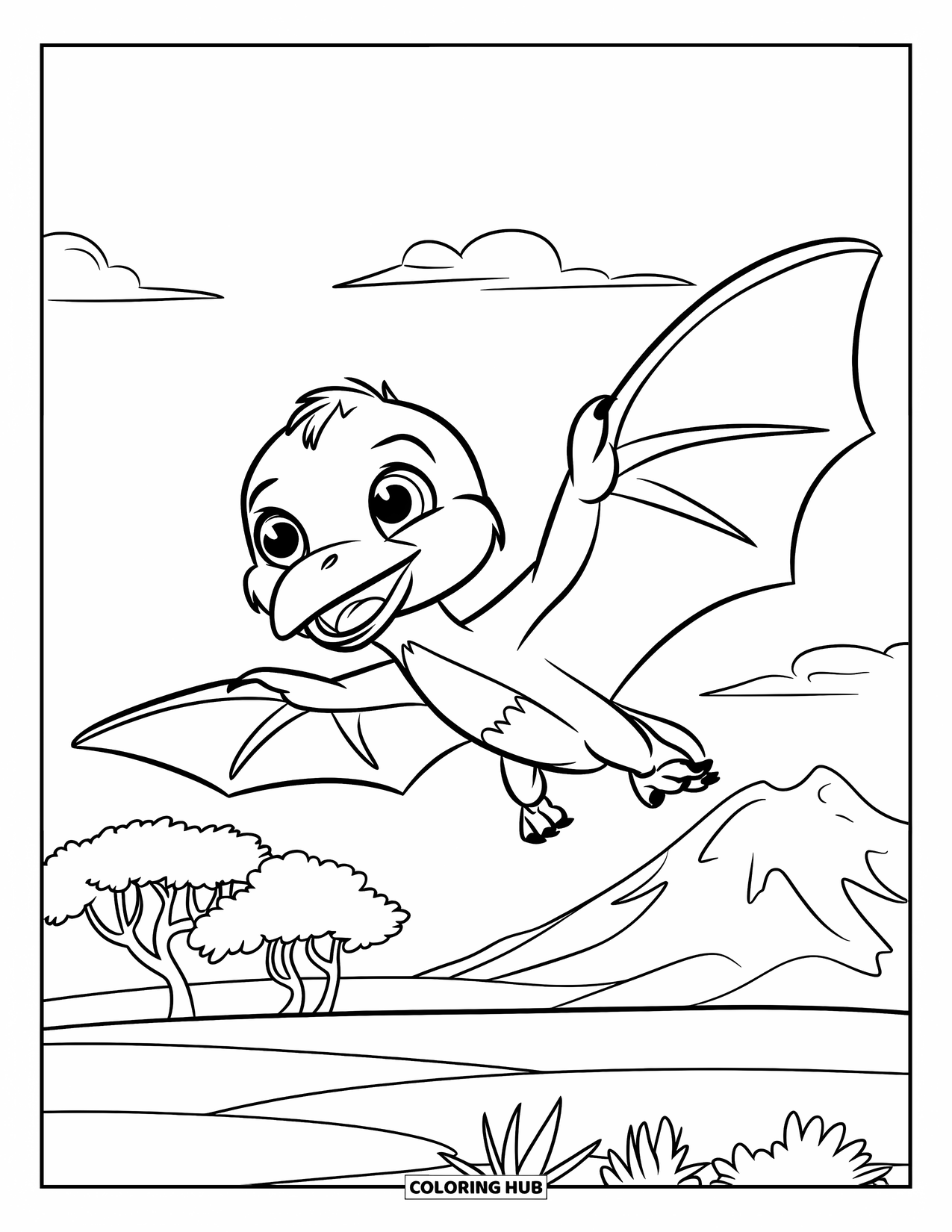 Dinosaur Coloring Page for Kids: A baby Pteranodon flaps its wings happily above trees and mountains