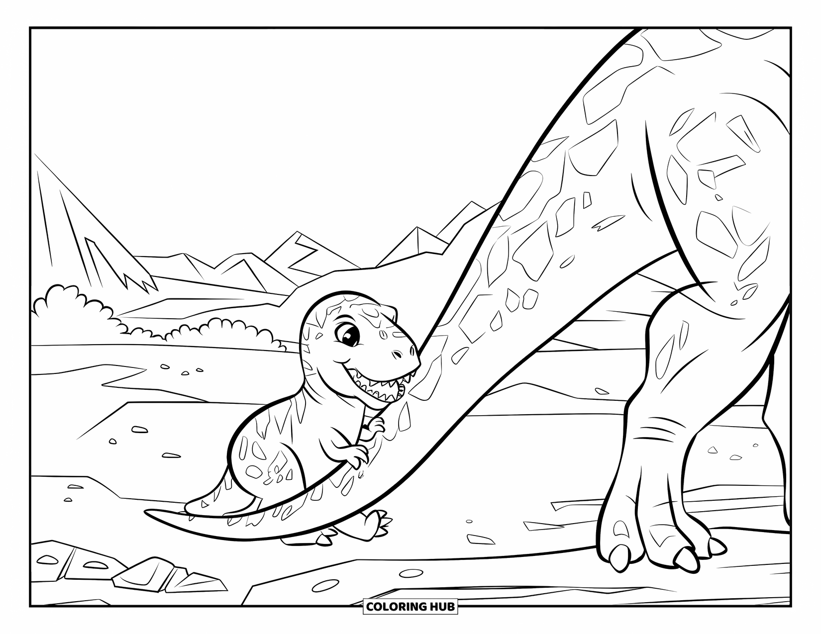 Dinosaur Coloring Page for Kids: A baby T-Rex bites a larger dinosaur's tail on rocky terrain