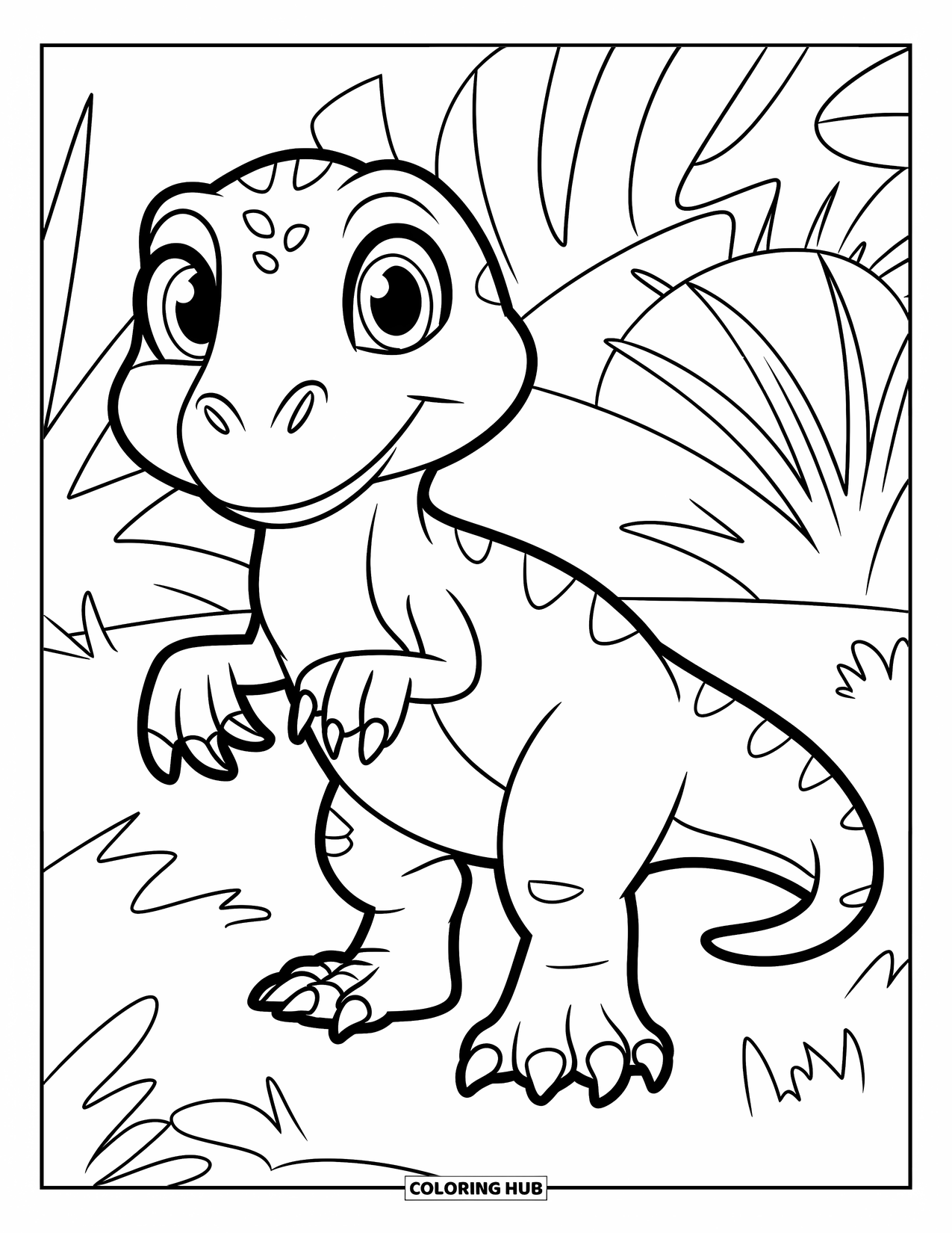 Dinosaur Coloring Page for Kids: A big-eyed Velociraptor stands happily on a grassy field