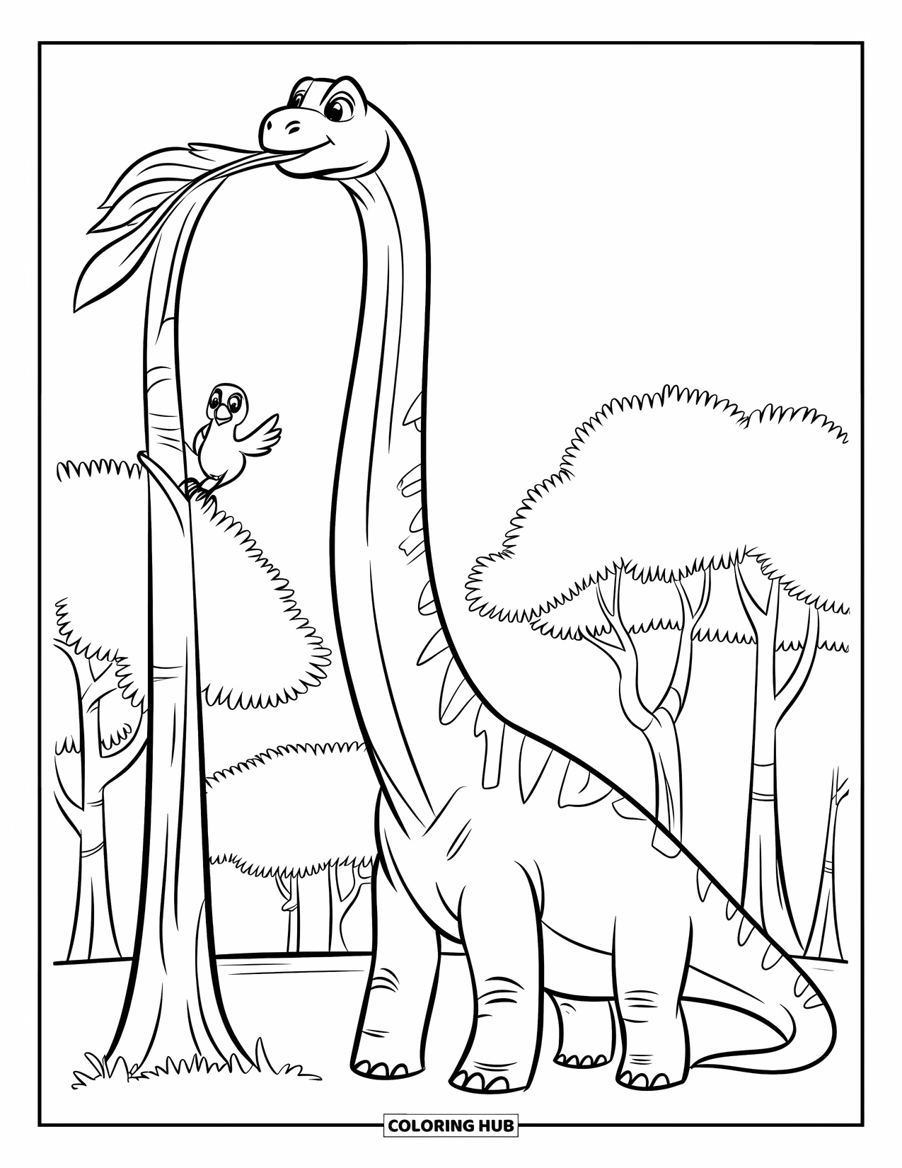 Dinosaur Coloring Page for Kids: A Brachiosaurus munches on tree leaves with a bird nearby