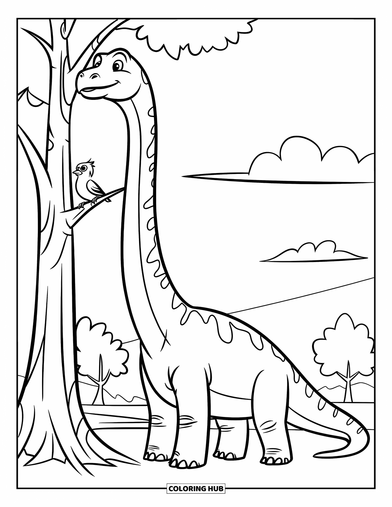 Dinosaur Coloring Page for Kids: A Brachiosaurus reaches for leaves while a bird perches nearby