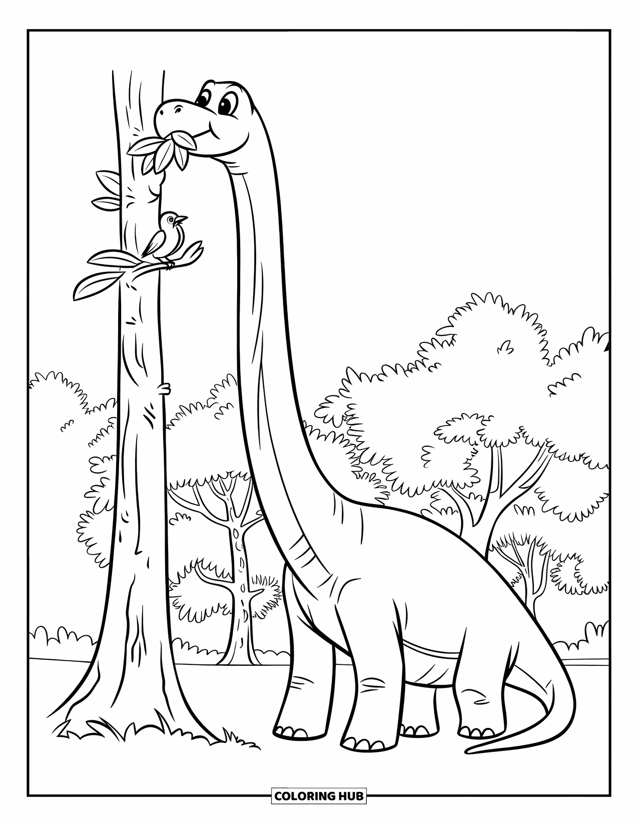 Dinosaur Coloring Page for Kids: A Brachiosaurus stretches its neck to eat leaves from a tall tree