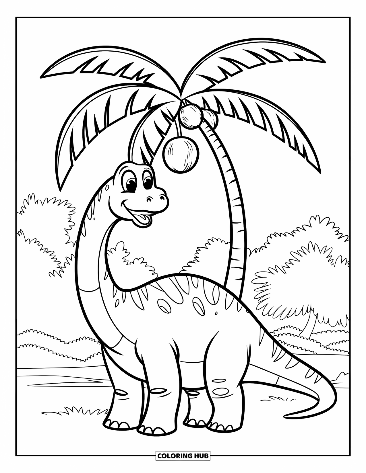 Dinosaur Coloring Page for Kids: A cheerful dinosaur stands under a palm tree with coconuts