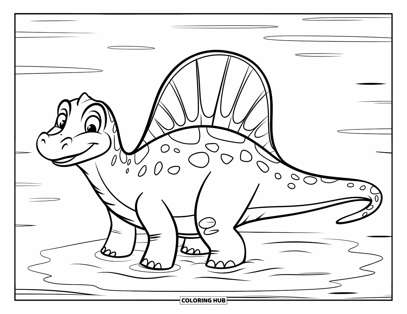 Dinosaur Coloring Page for Kids: A cheerful Spinosaurus with a big sail wades in shallow water