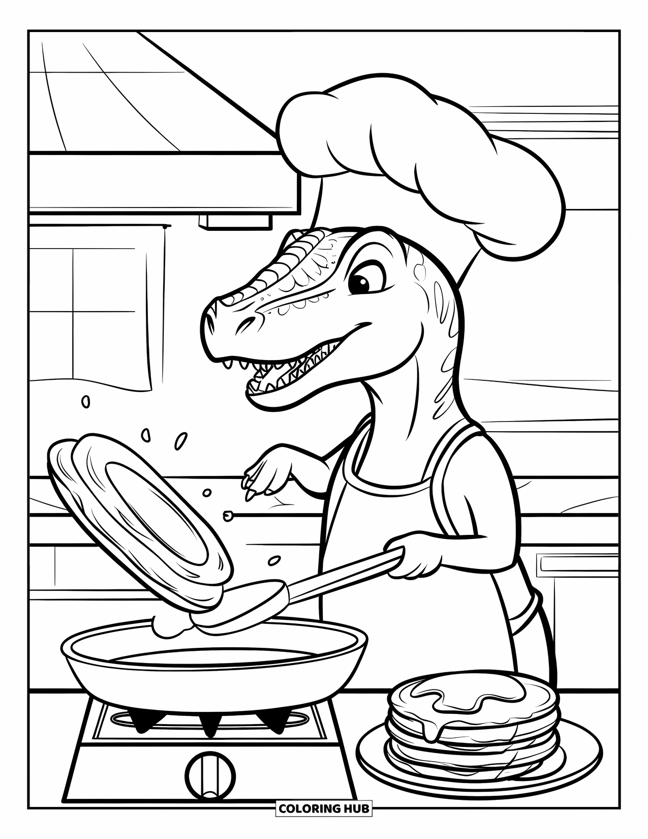 Dinosaur Coloring Page for Kids: A chef Spinosaurus happily flips a pancake in a cozy kitchen