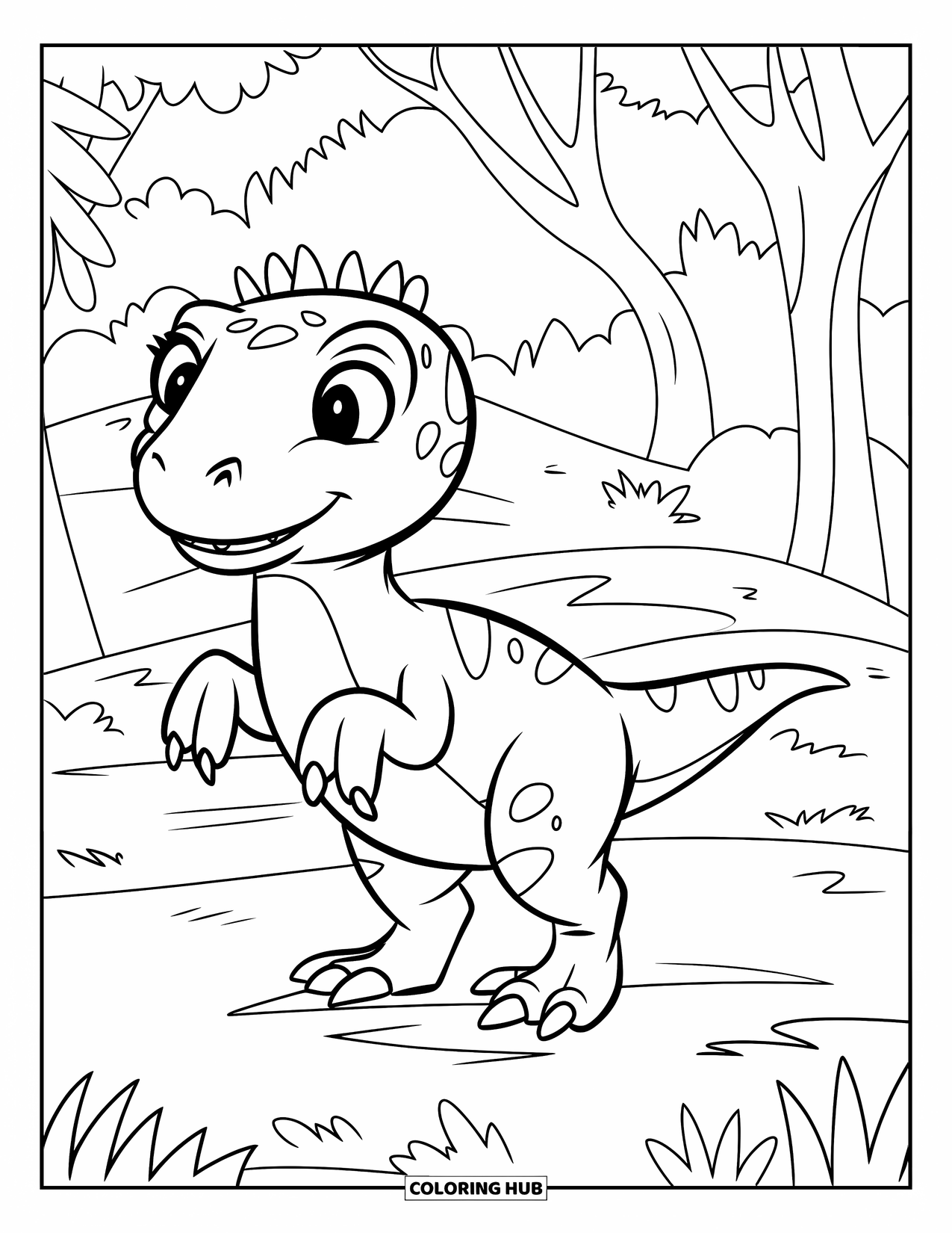 Dinosaur Coloring Page for Kids: A chubby Velociraptor stands on grass with a few trees behind