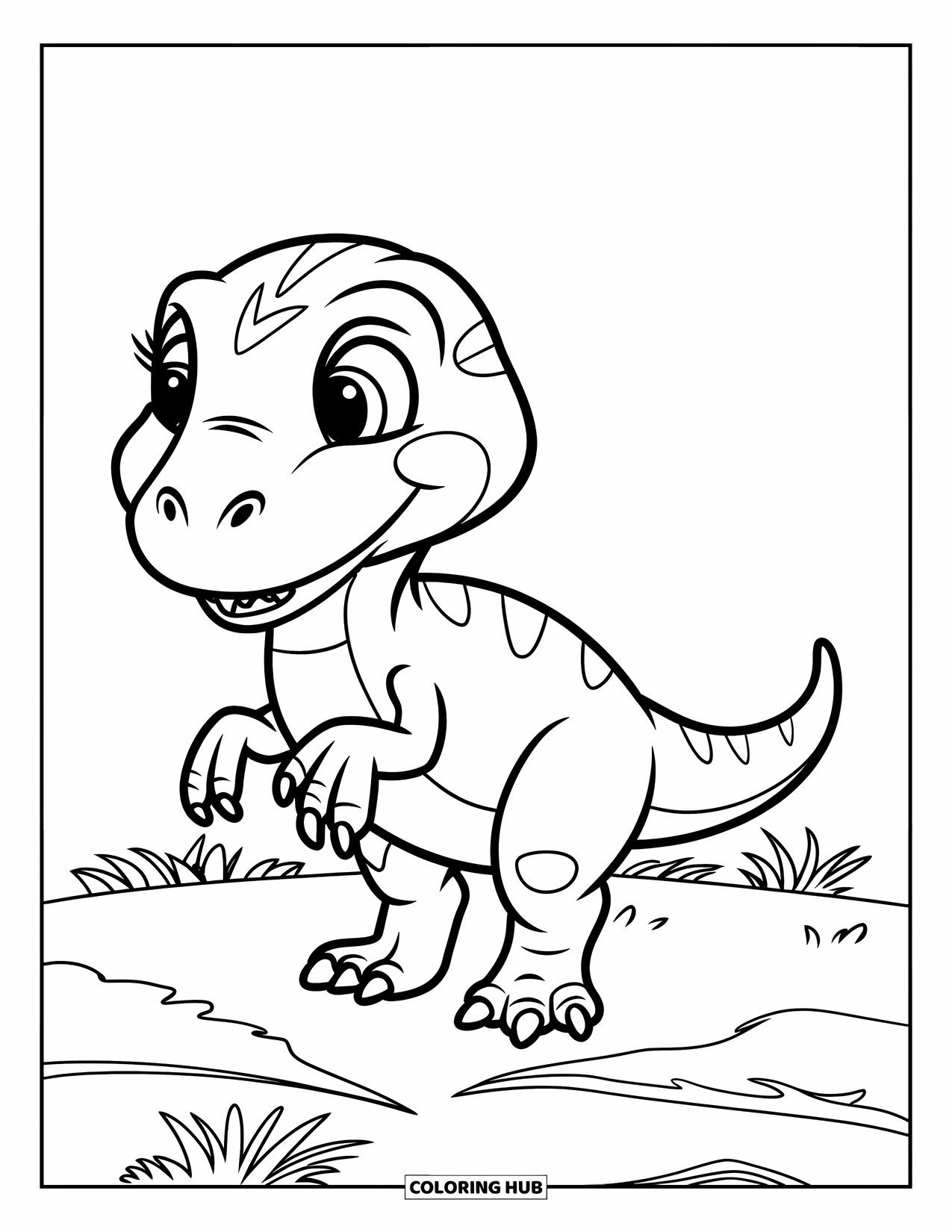Dinosaur Coloring Page for Kids: A chubby Velociraptor with small claws stands on grassy terrain