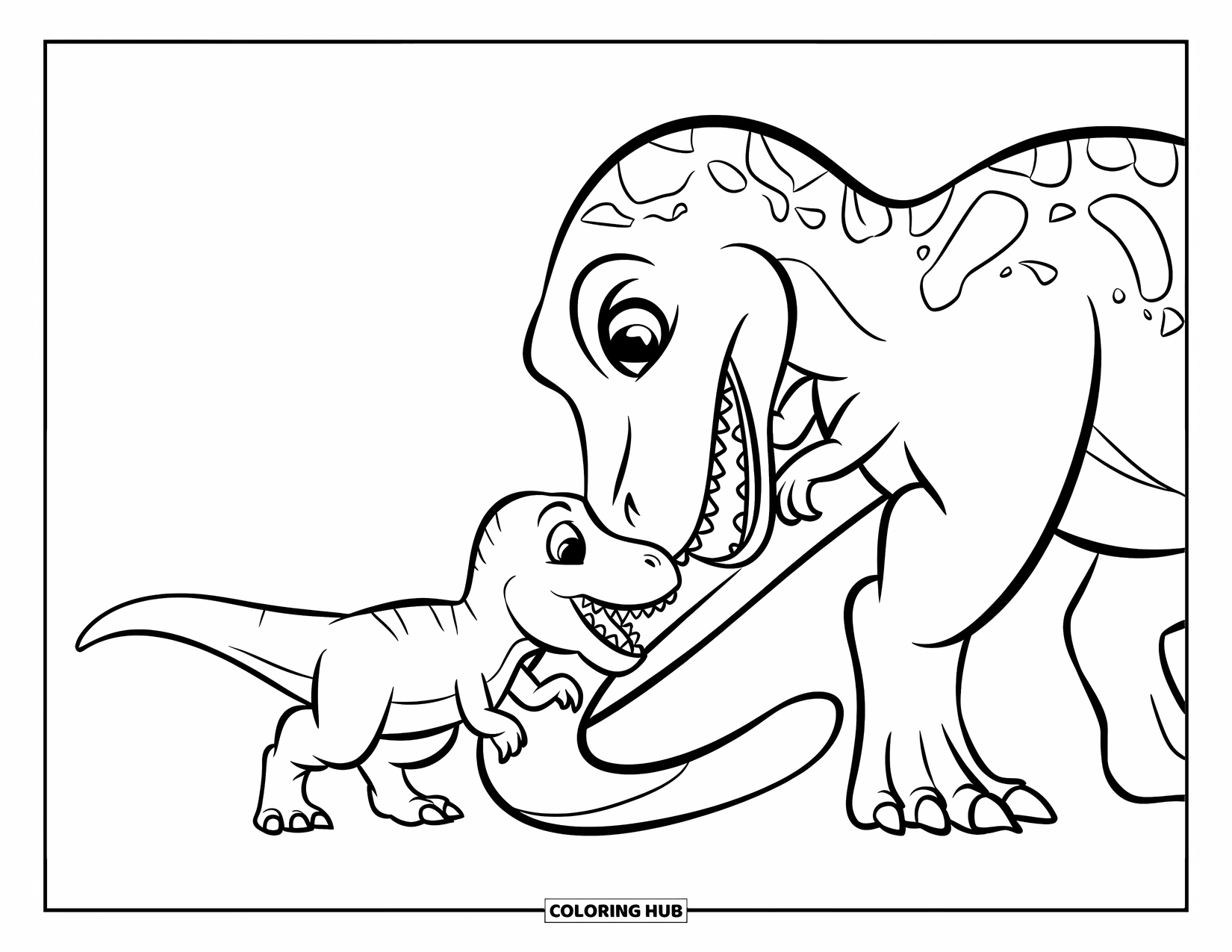 Dinosaur Coloring Page for Kids: A curious baby T-Rex bites the tail of a bigger dinosaur