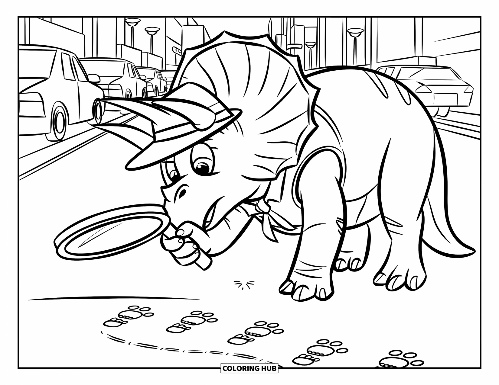 Dinosaur Coloring Page for Kids: A detective Triceratops inspects footprints with a magnifying glass