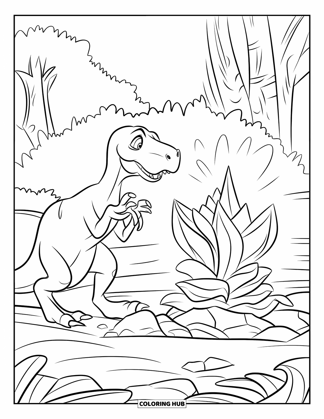 Dinosaur Coloring Page for Kids: A dinosaur cautiously approaches a glowing plant in a forest