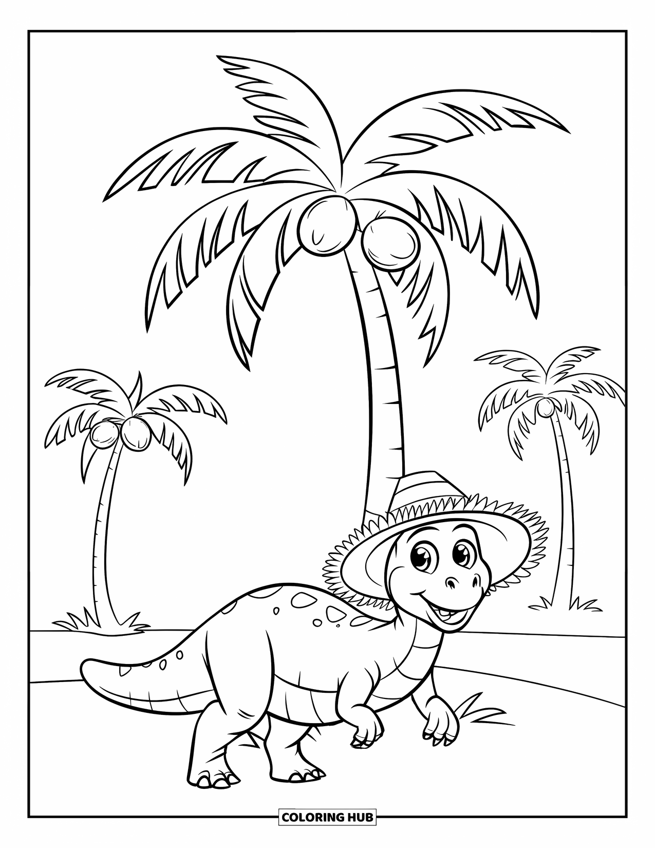 Dinosaur Coloring Page for Kids: A dinosaur in a straw hat stands under a palm tree with coconuts