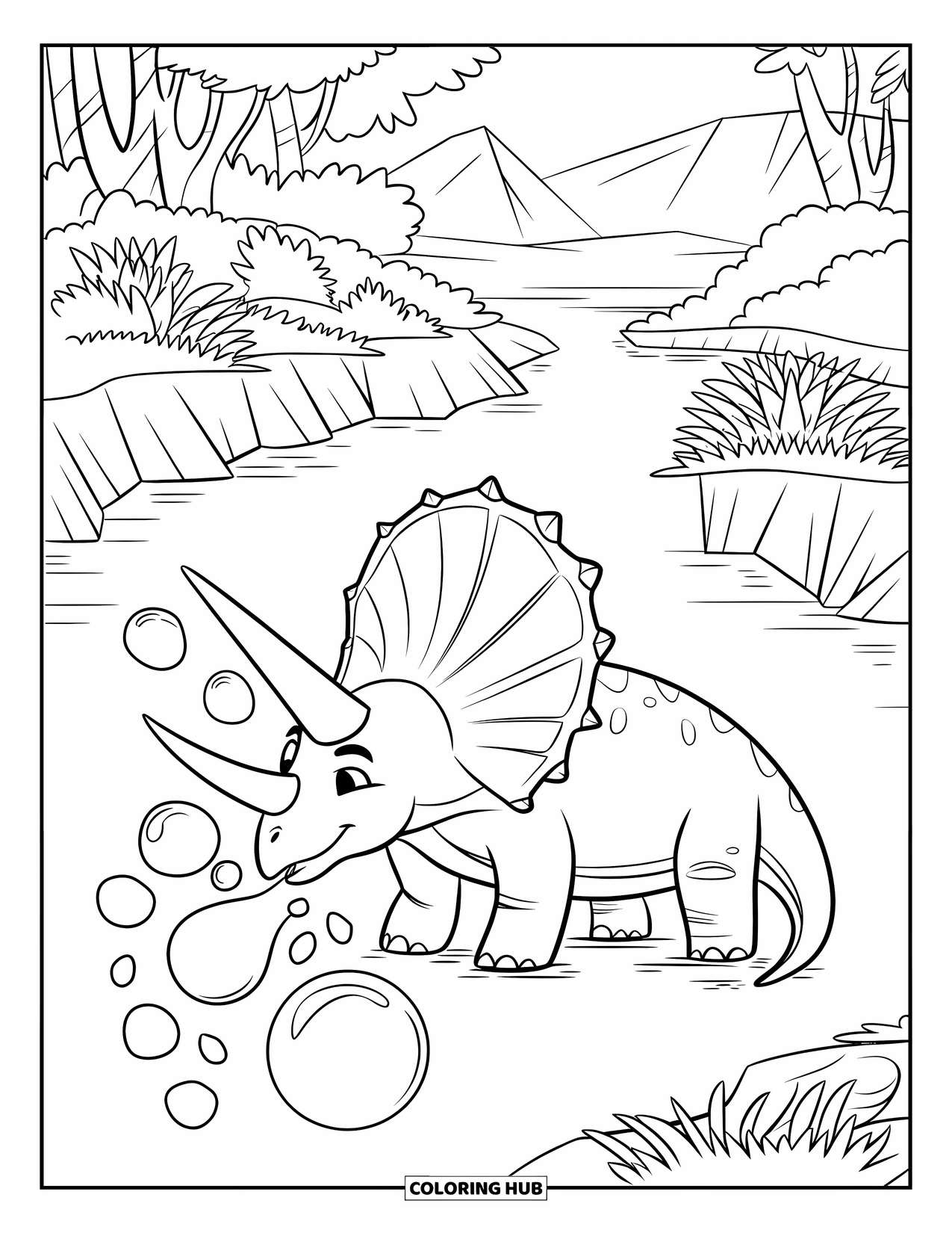 Dinosaur Coloring Page for Kids: A dinosaur with a curved horn blows bubbles by a clear river