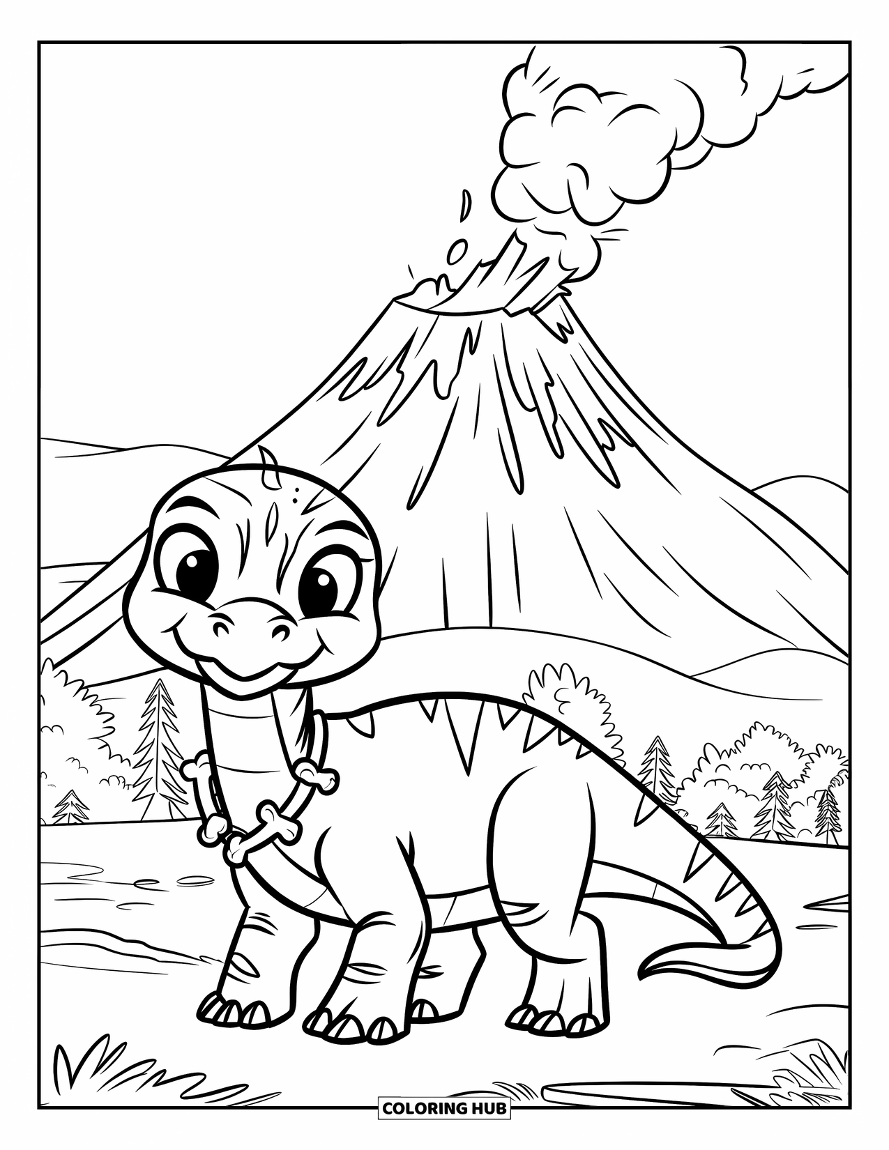 Dinosaur Coloring Page for Kids: A dinosaur with a friendly expression stands before a smoking volcano