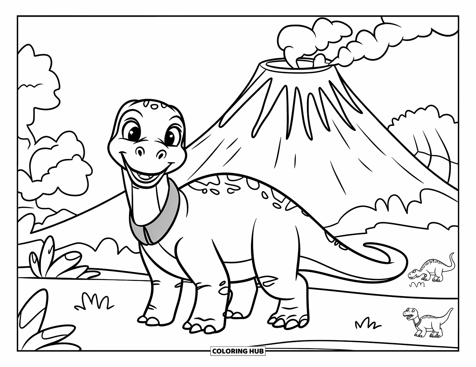 Dinosaur Coloring Page for Kids: A dinosaur with a yellow collar smiles next to a volcano and smaller dinosaurs