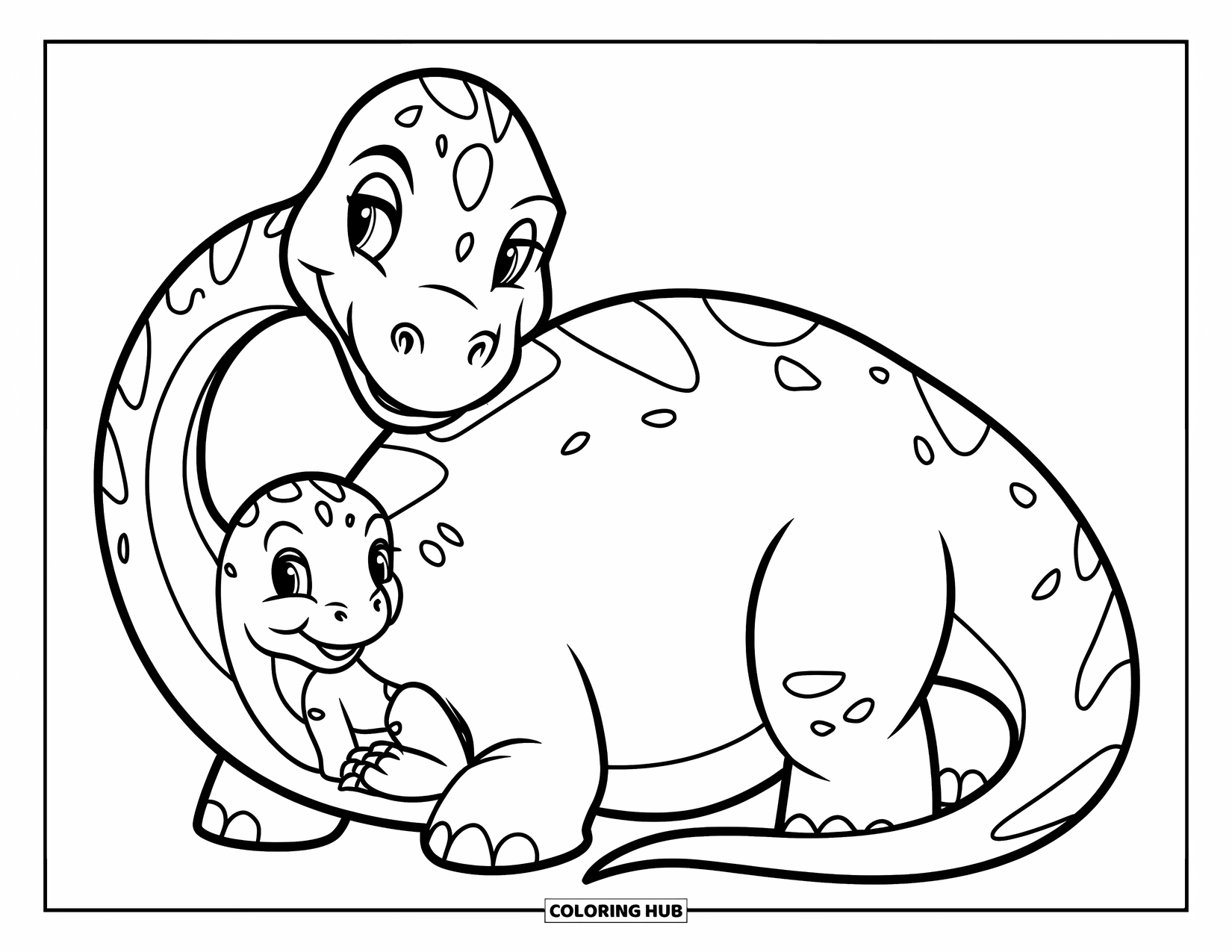 Dinosaur Coloring Page for Kids: A Diplodocus gently shelters a baby dinosaur with its tail