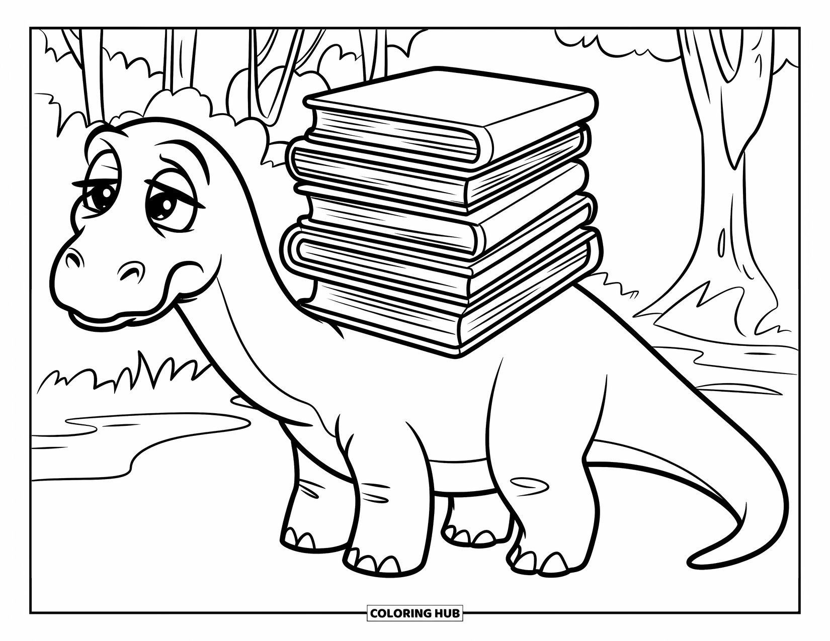 Dinosaur Coloring Page for Kids: A Diplodocus struggles to balance books on its back by the trees