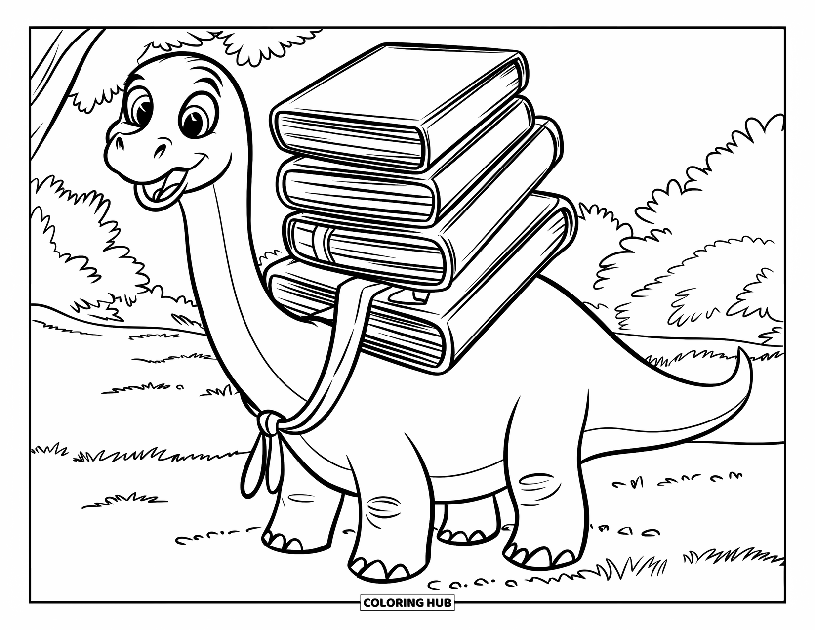 Dinosaur Coloring Page for Kids: A Diplodocus with a tie carries books on its neck, smiling widely