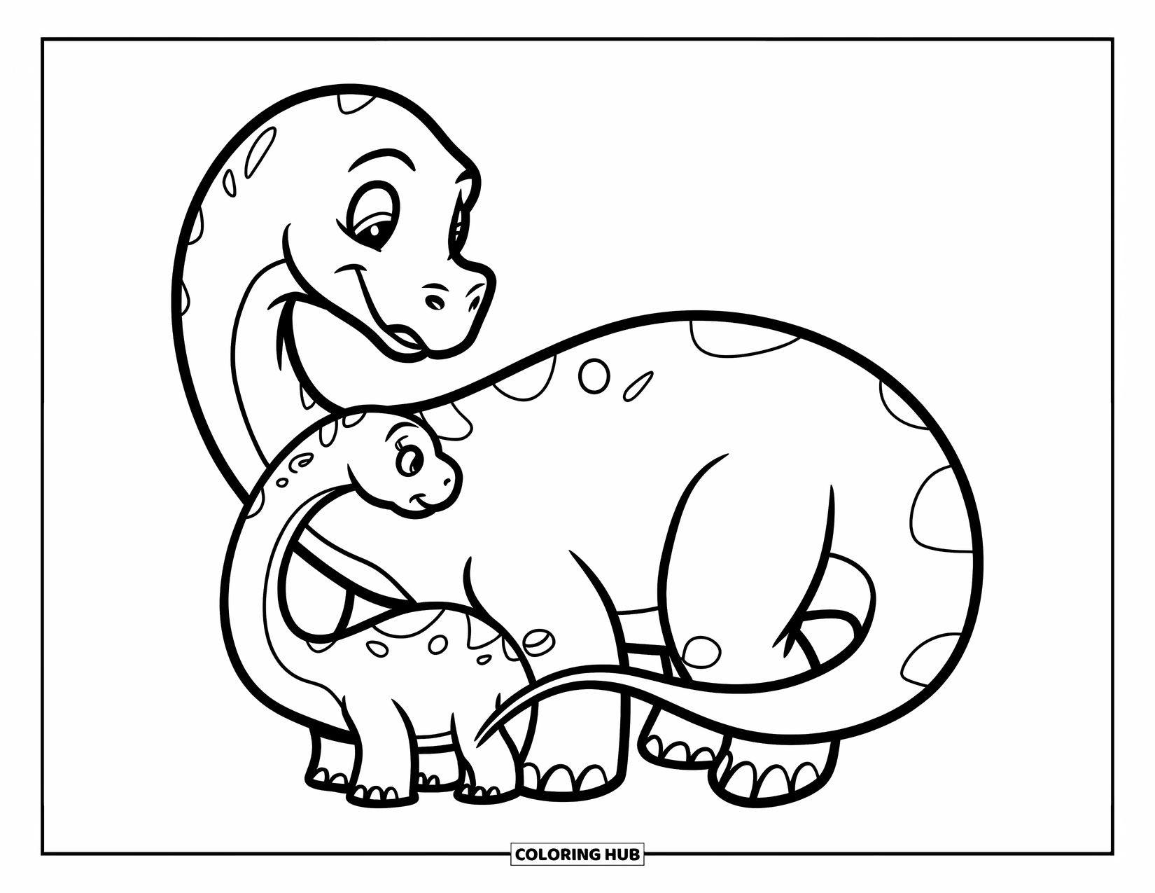 Dinosaur Coloring Page for Kids: A Diplodocus wraps its tail around a baby dinosaur protectively