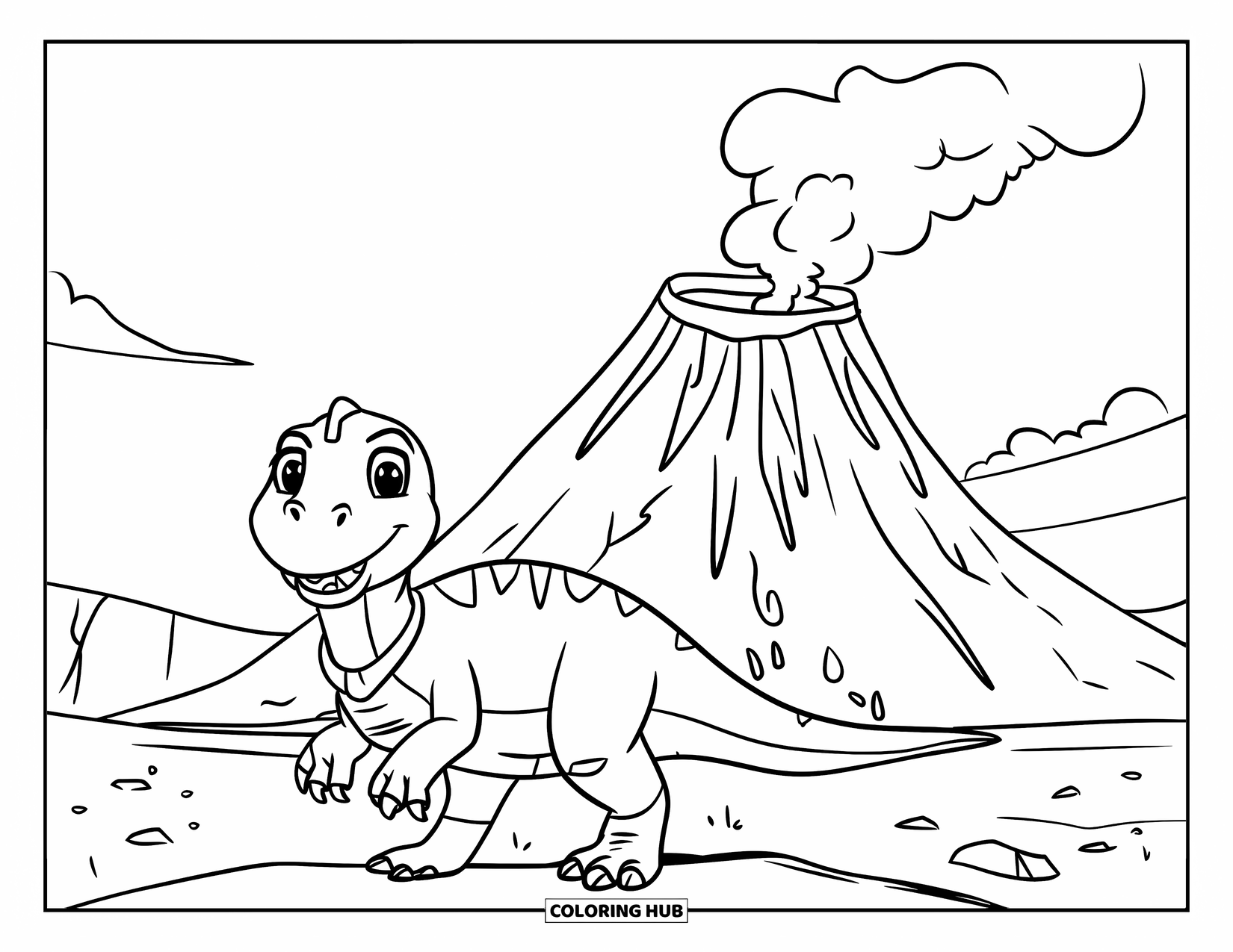 Dinosaur Coloring Page for Kids: A happy dinosaur in a green outfit stands by a smoky volcano