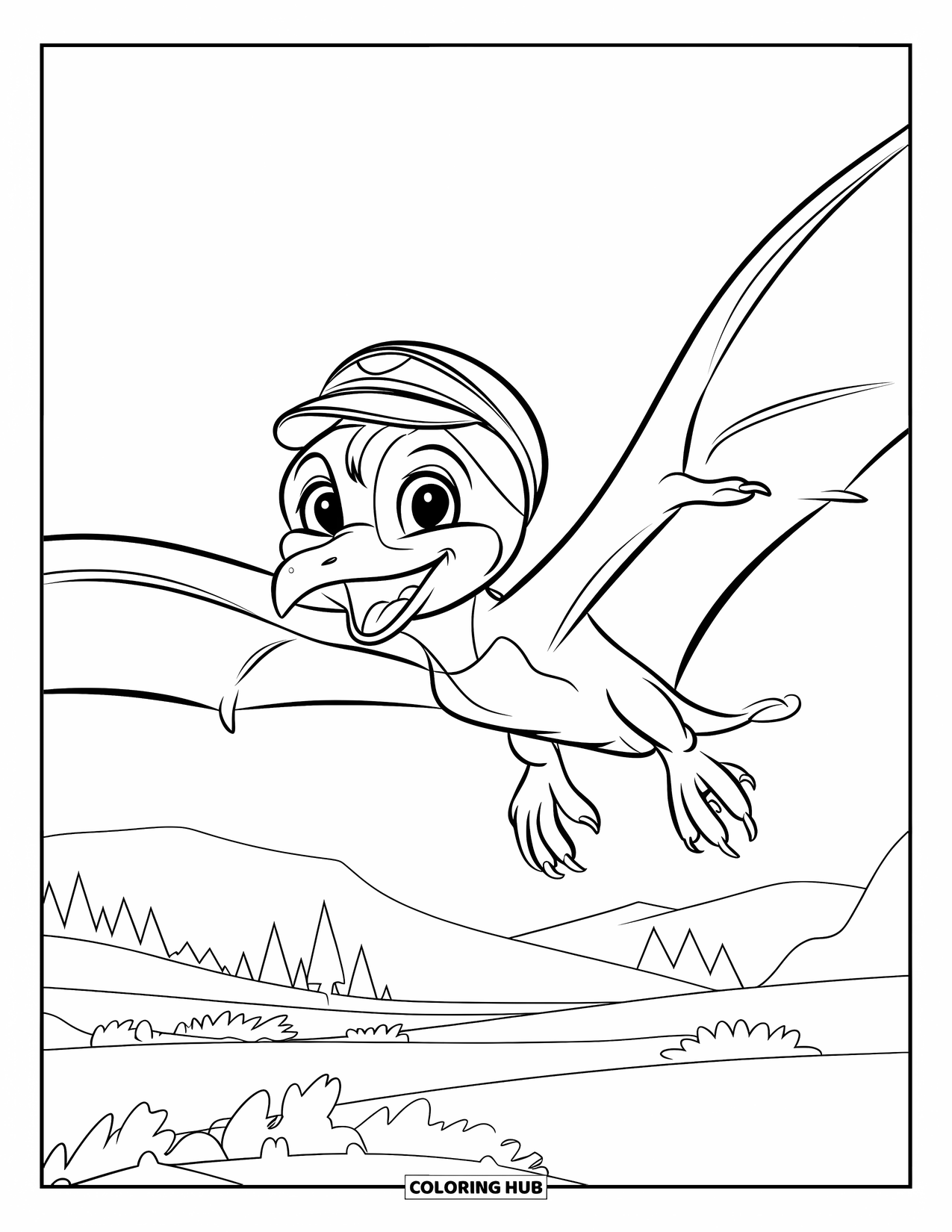 Dinosaur Coloring Page for Kids: A happy Pteranodon chick flutters its wings above a simple landscape
