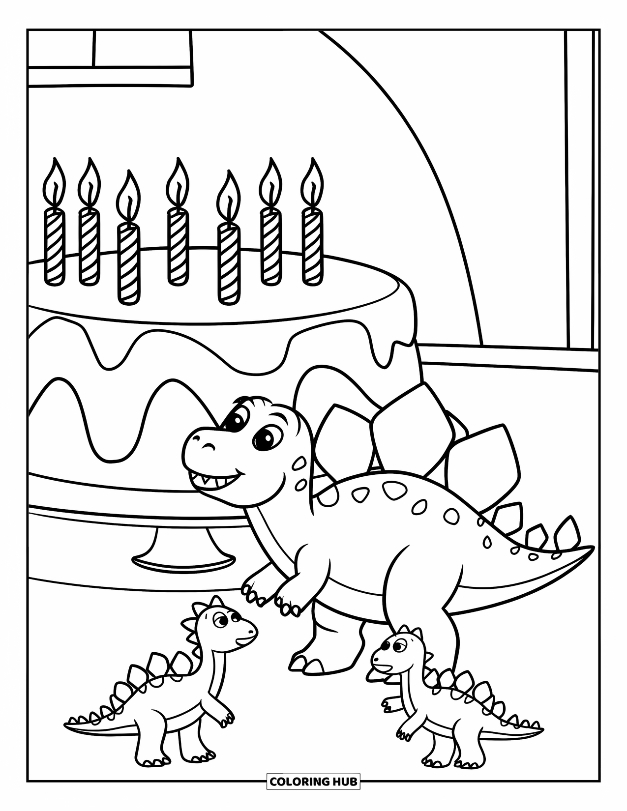 Dinosaur Coloring Page for Kids: A happy Stegosaurus makes a wish while blowing out candles on a cake