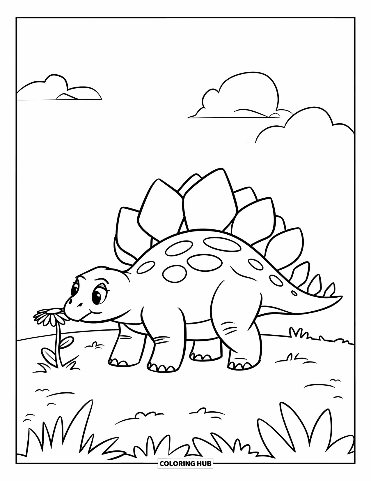 Dinosaur Coloring Page for Kids: A happy Stegosaurus sniffs a flower under a bright sky