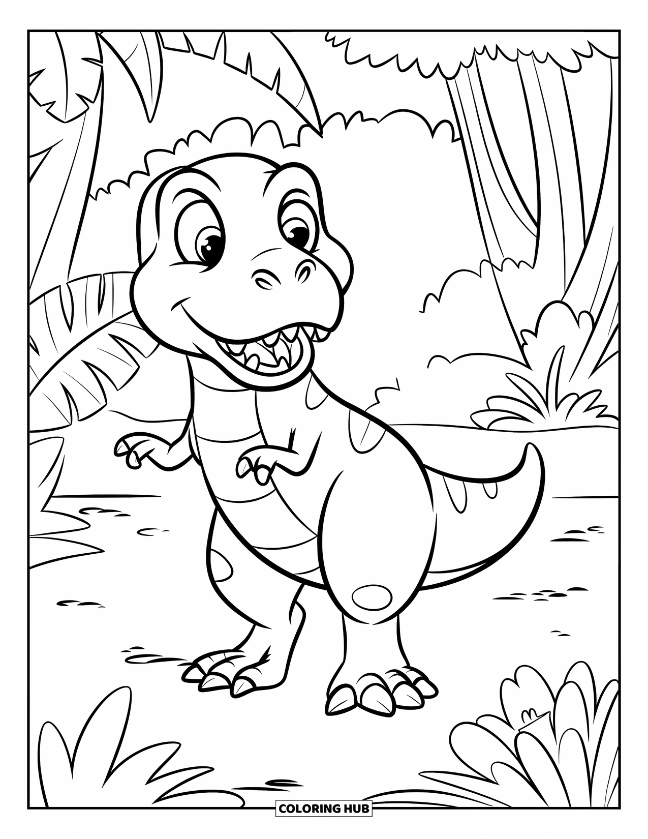 Dinosaur Coloring Page for Kids: A happy T-Rex waves at a bug in a jungle