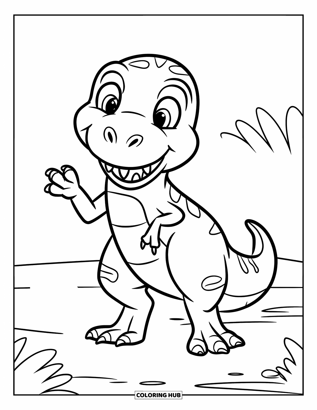 Dinosaur Coloring Page for Kids: A happy T-Rex waves at a tiny bug on the ground