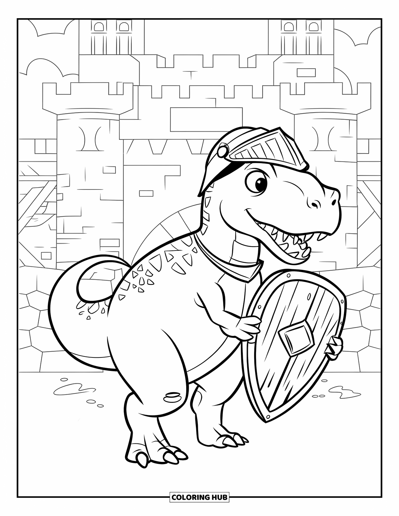 Dinosaur Coloring Page for Kids: A helmet-wearing Ankylosaurus acts as a knight by a castle with friends