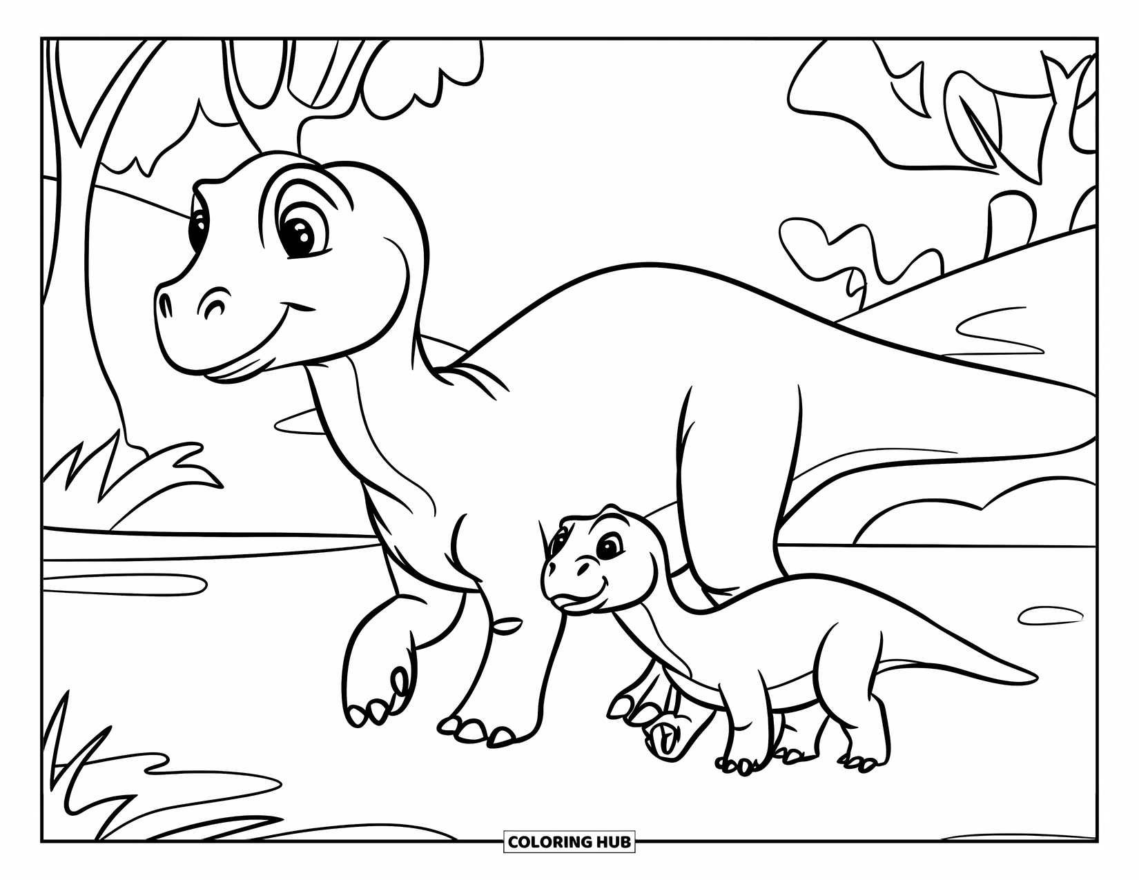 Dinosaur Coloring Page for Kids: A mommy and baby dinosaur stroll side by side past trees and hills