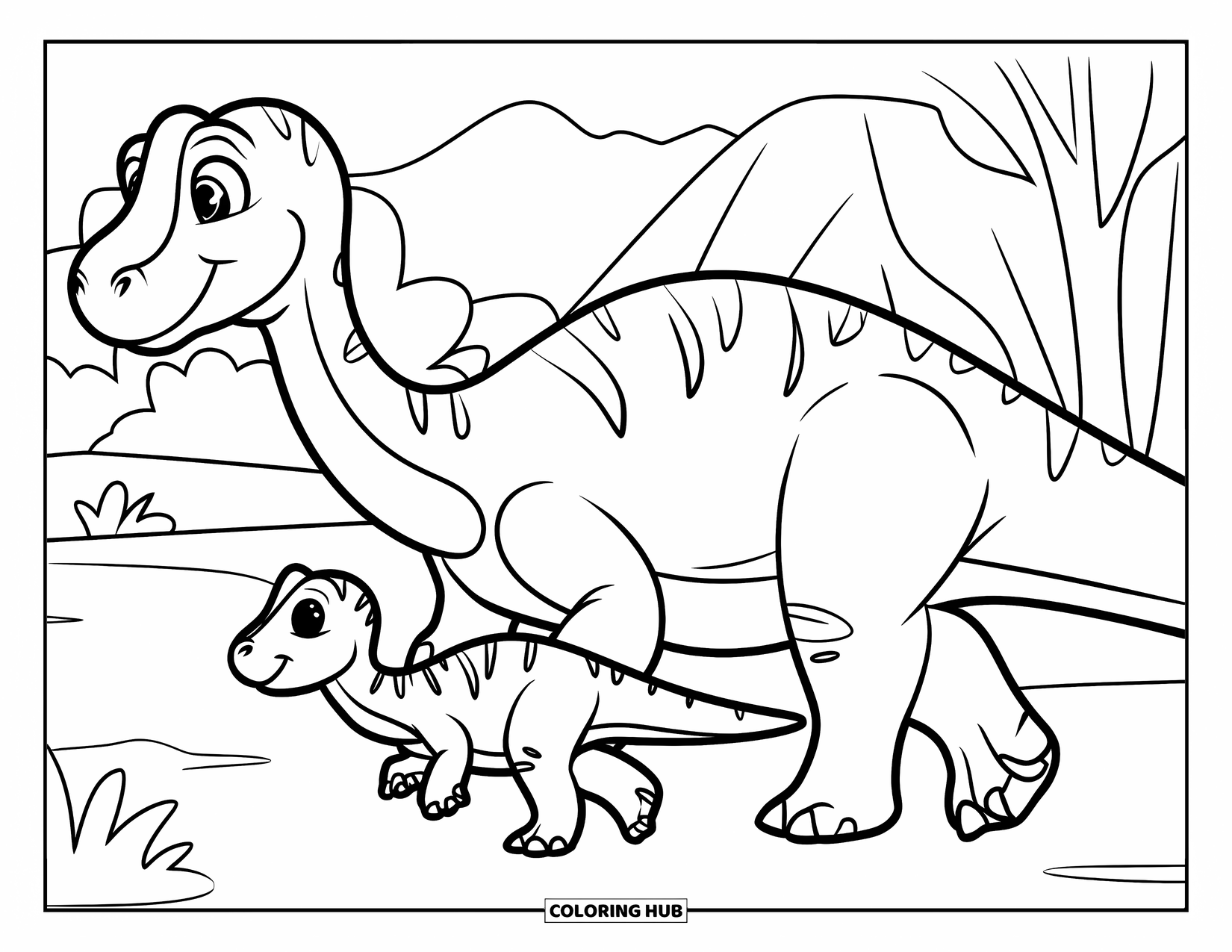 Dinosaur Coloring Page for Kids: A mommy and baby dinosaur walk together through a simple landscape