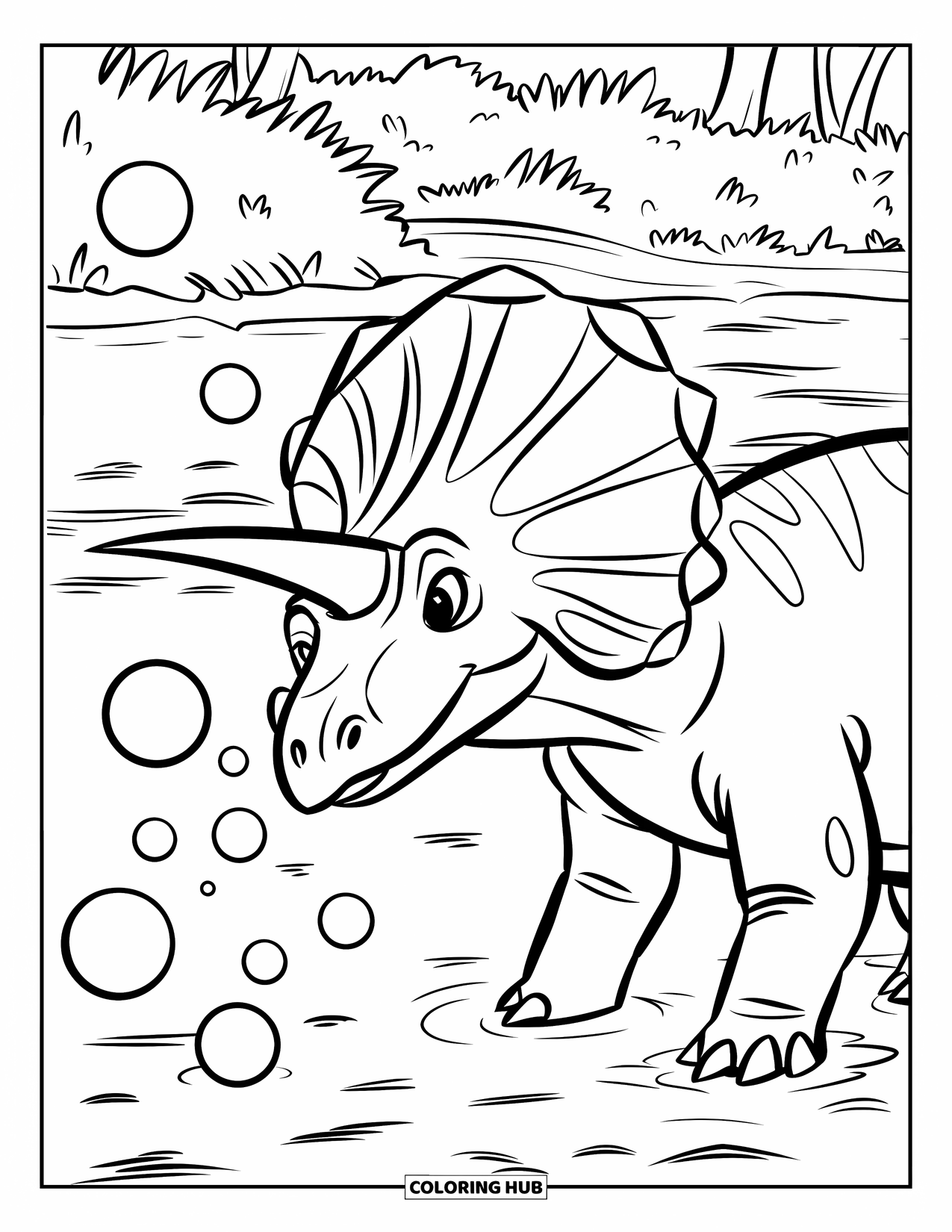 Dinosaur Coloring Page for Kids: A Parasaurolophus happily blows bubbles by a riverside