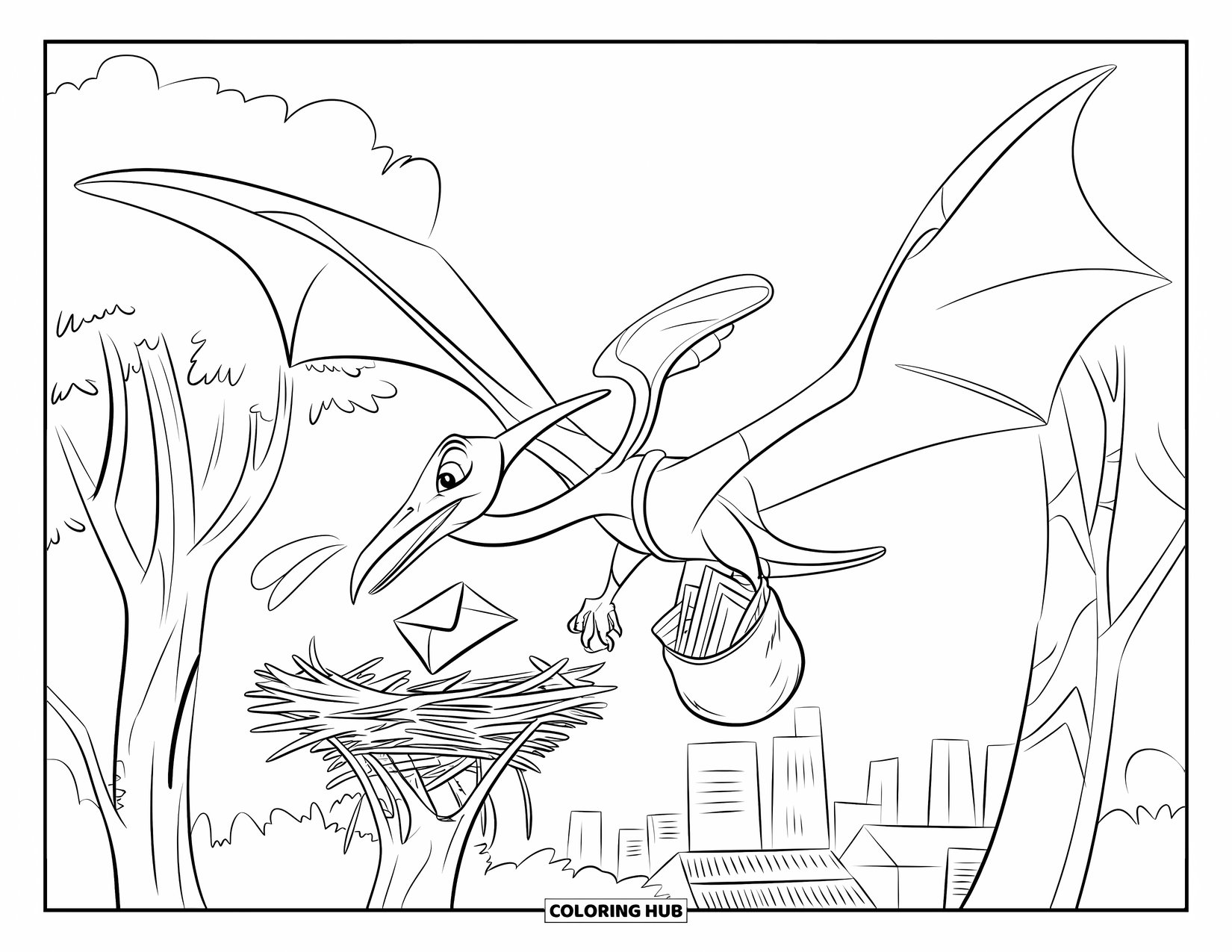 Dinosaur Coloring Page for Kids: A Pteranodon delivers letters by dropping them into a nest