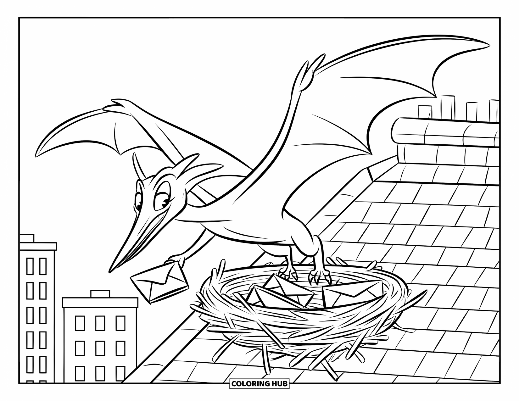 Dinosaur Coloring Page for Kids: A Pteranodon flies over a city, delivering letters to a nest