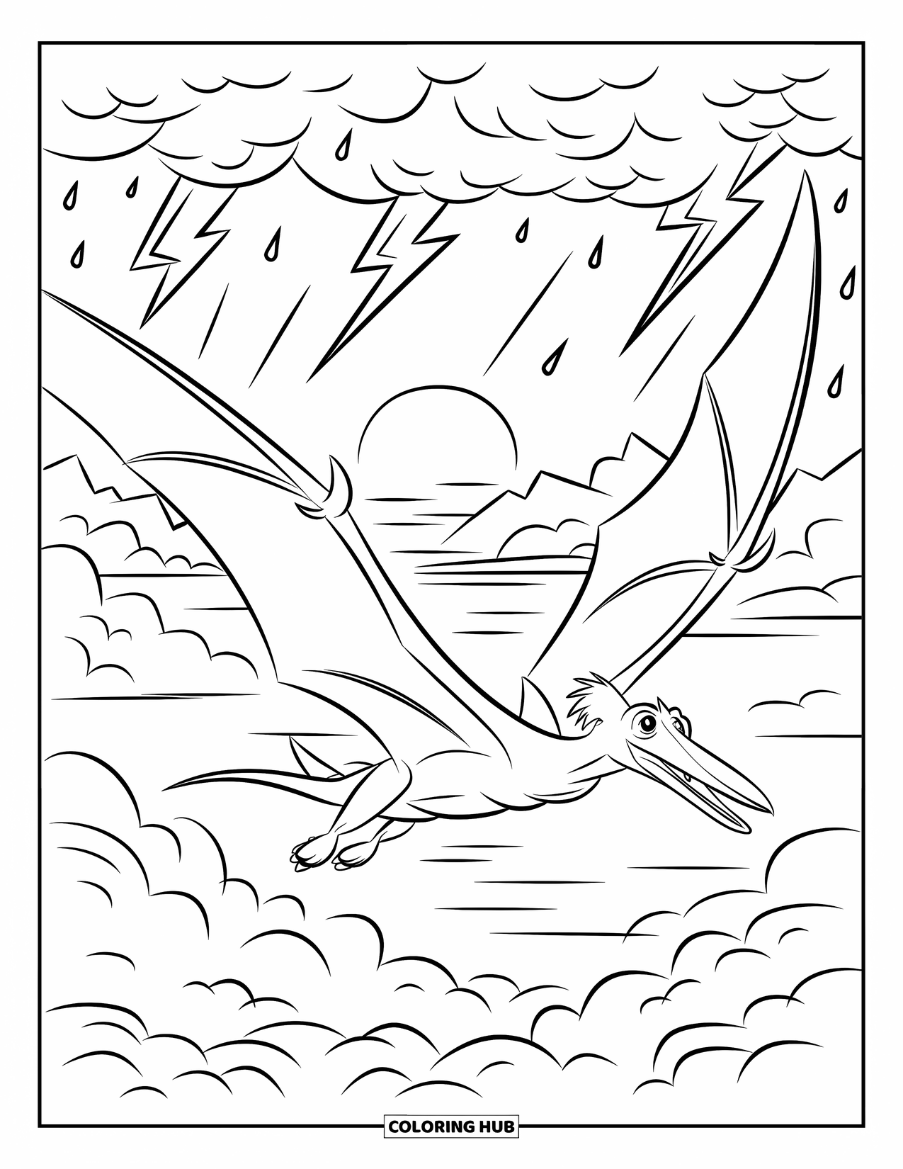 Dinosaur Coloring Page for Kids: A Pteranodon glides over dark clouds with lightning and mountains below