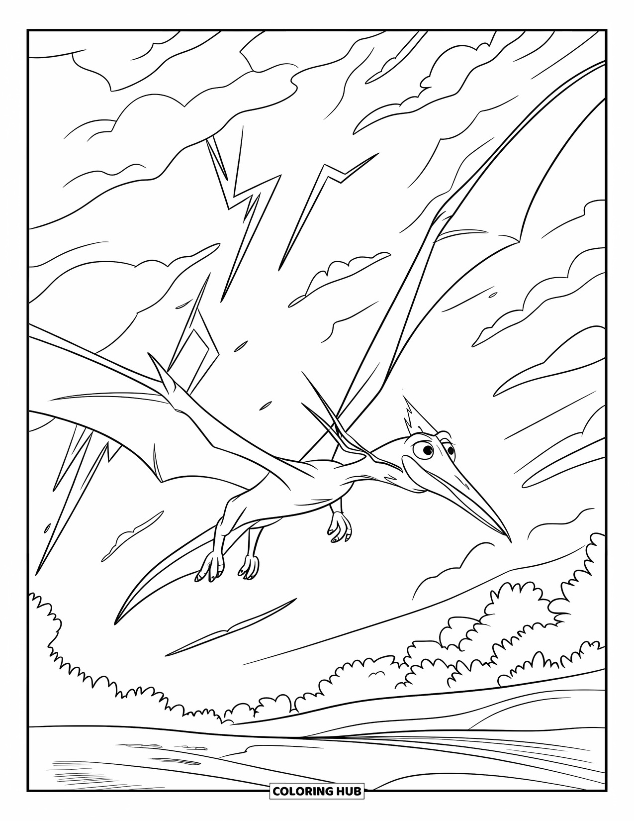 Dinosaur Coloring Page for Kids: A Pteranodon soars through a stormy sky with lightning flashing around