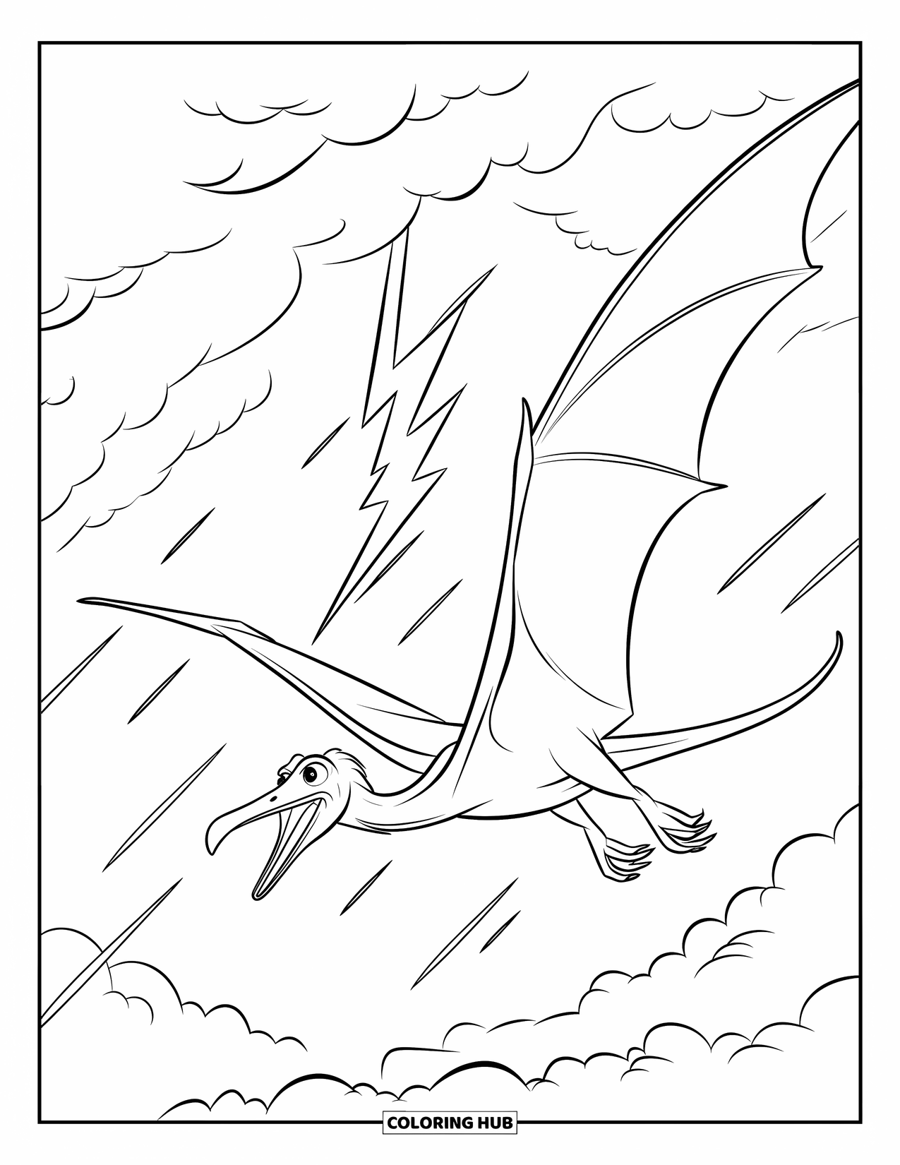Dinosaur Coloring Page for Kids: A Pteranodon soars through strong winds and lightning in a stormy sky