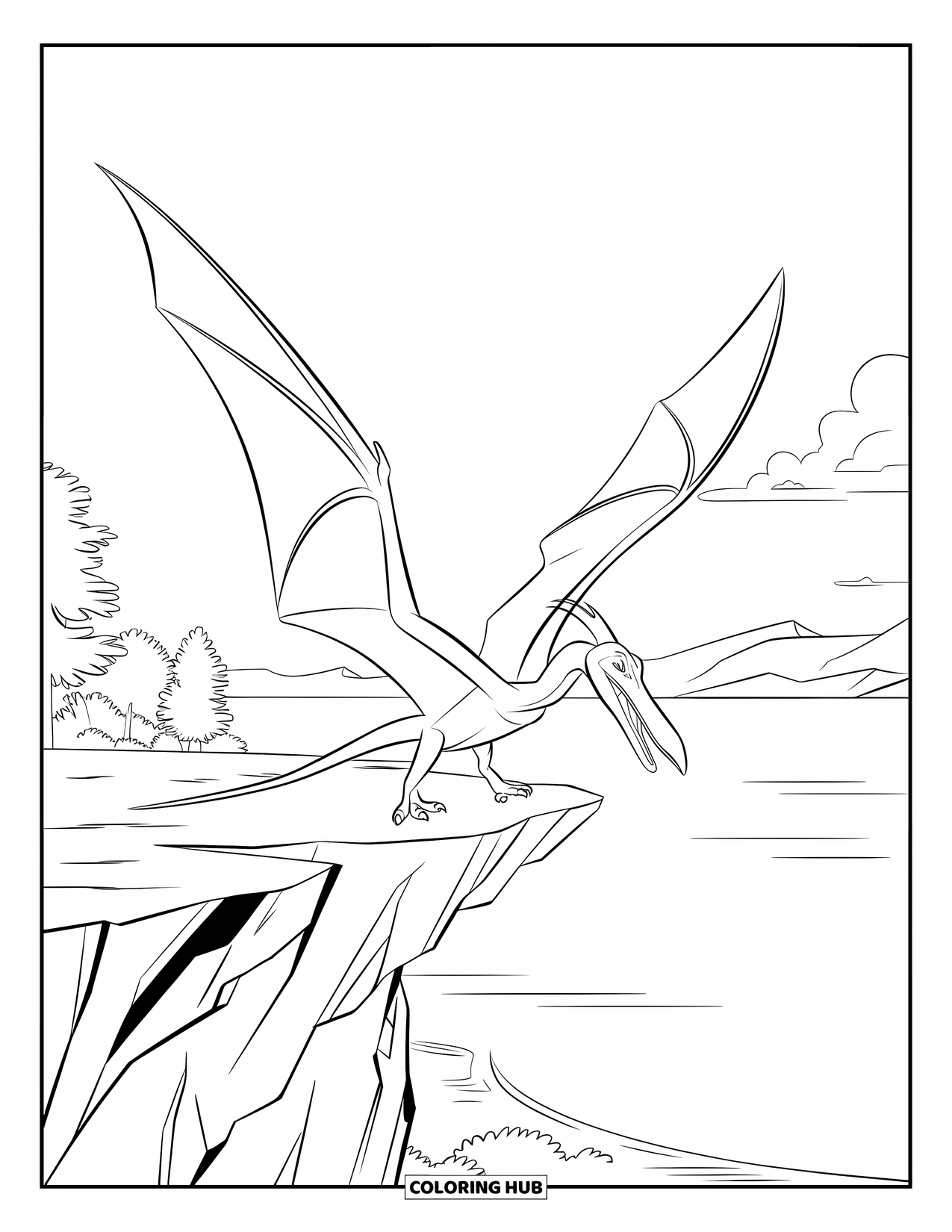 Dinosaur Coloring Page for Kids: A Pteranodon spreads its wings on a cliff, ready to fly