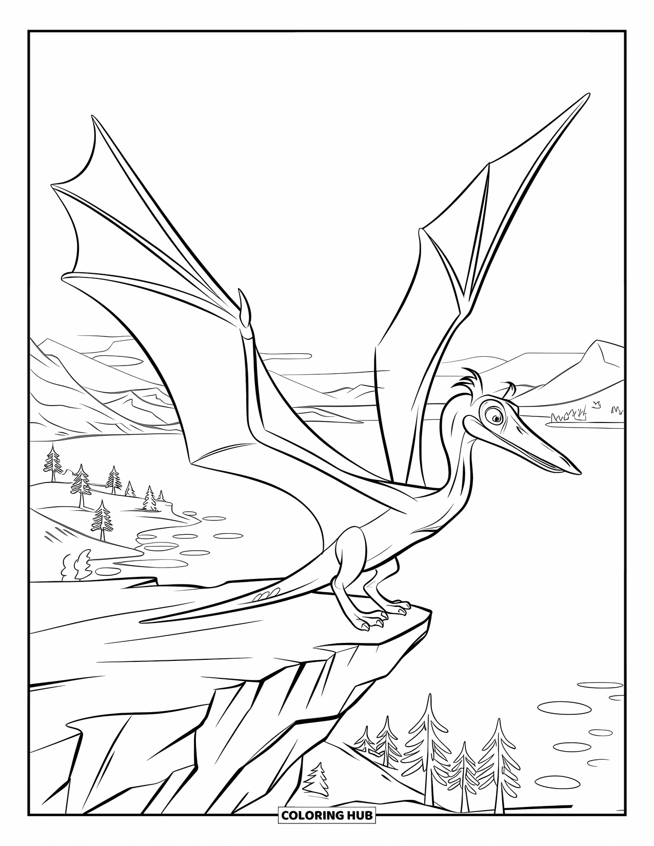 Dinosaur Coloring Page for Kids: A Pteranodon stands on a cliff edge, wings spread wide