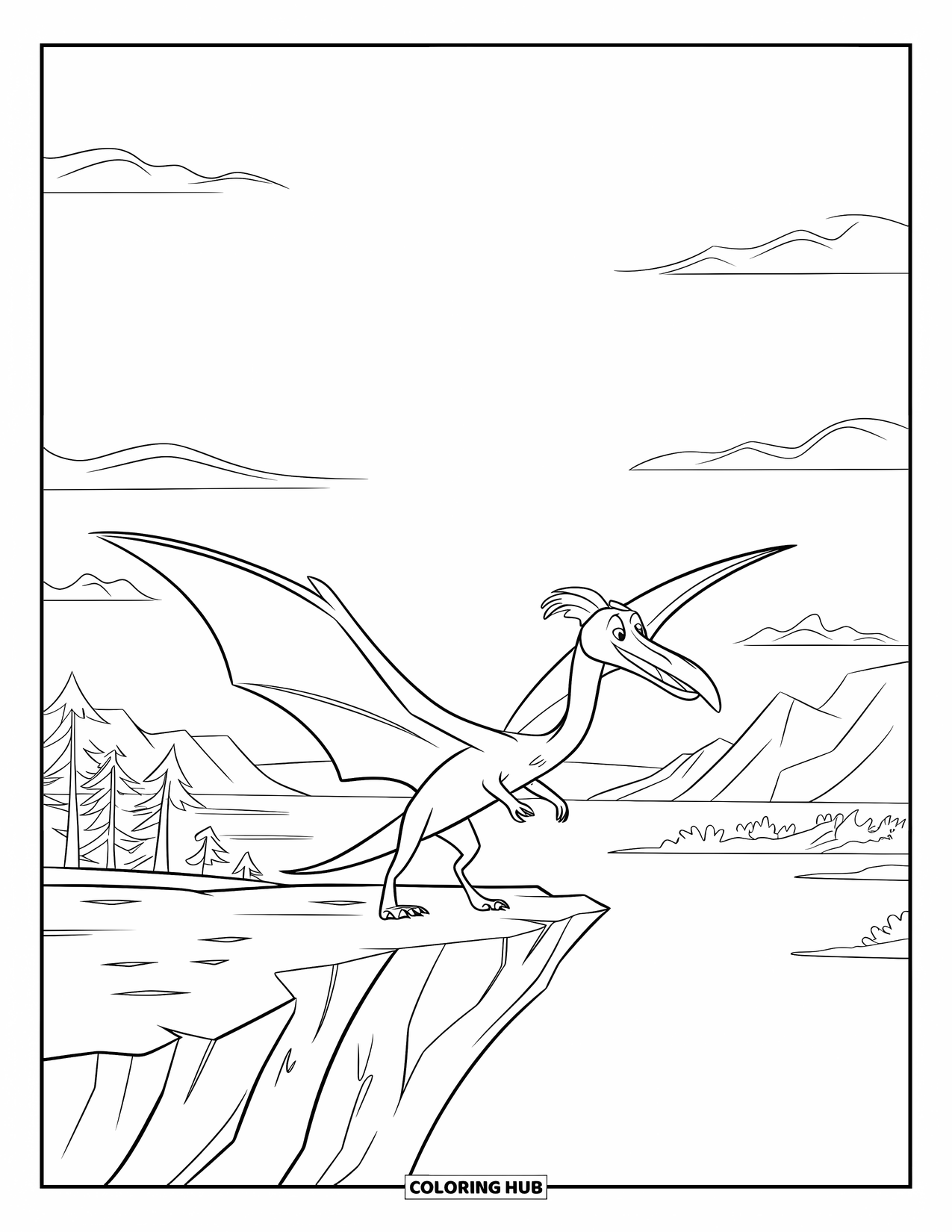 Dinosaur Coloring Page for Kids: A Pteranodon stands on a cliff, overlooking mountains and water