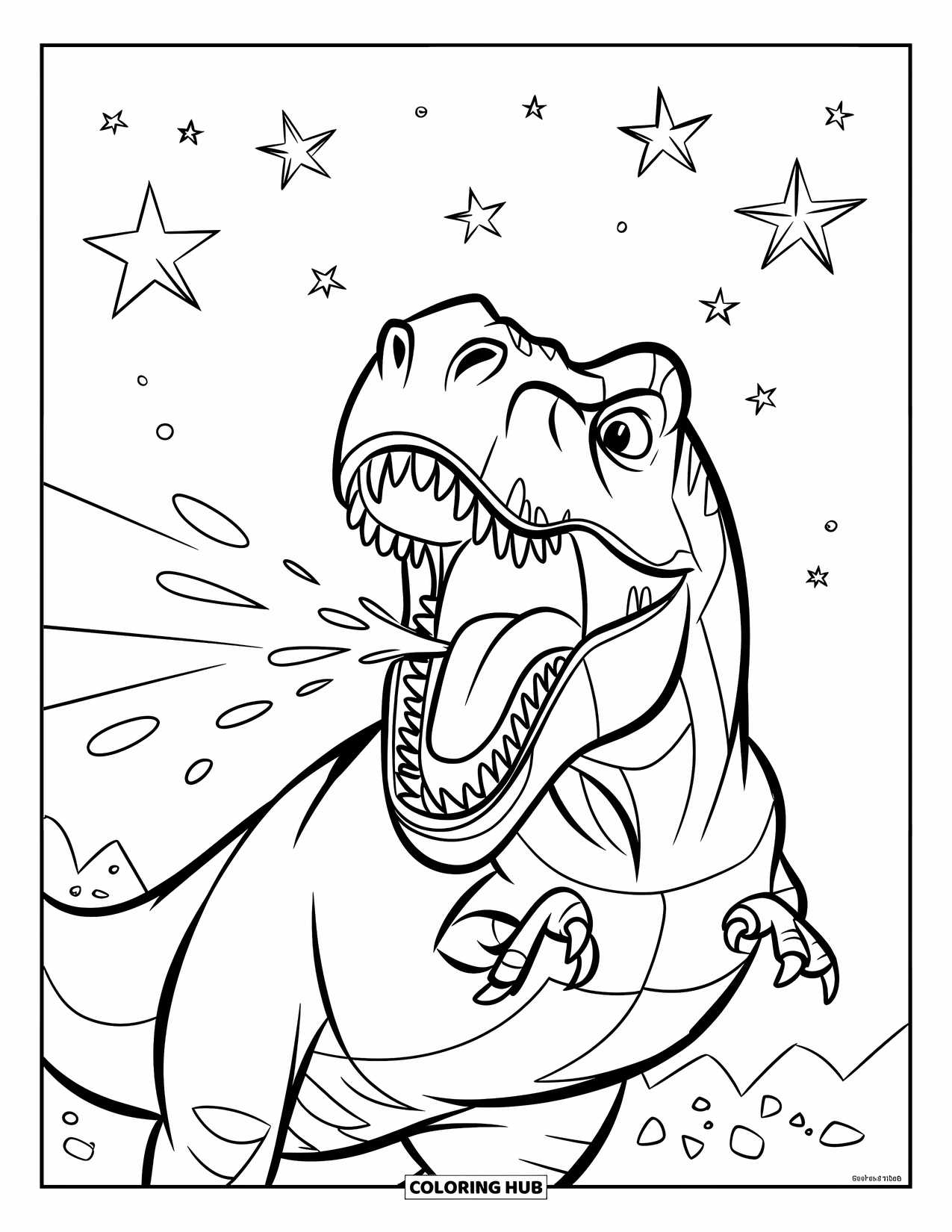 Dinosaur Coloring Page for Kids: A roaring T-Rex breathes mist into the cold night sky
