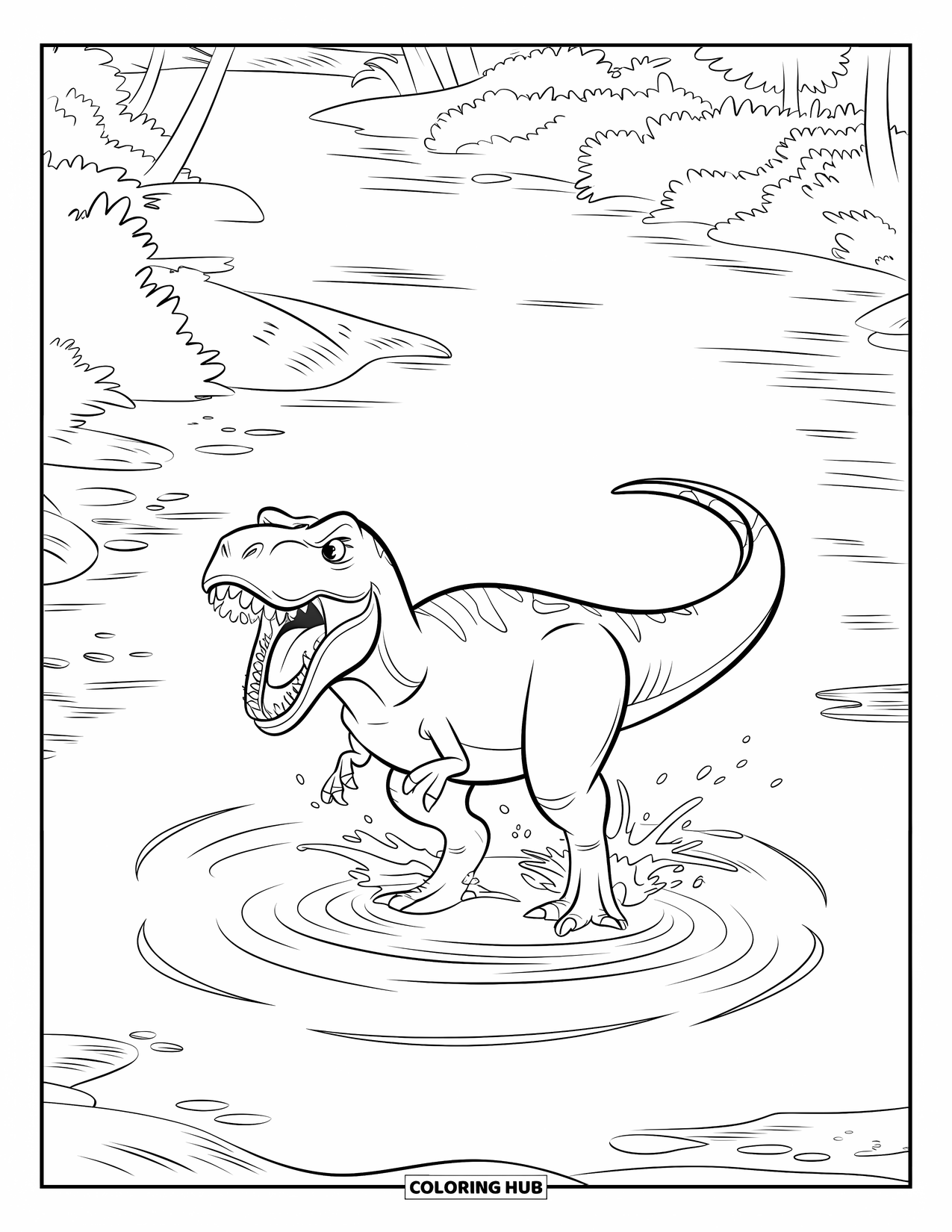 Dinosaur Coloring Page for Kids: A roaring T-Rex stands in a shallow river with splashing water
