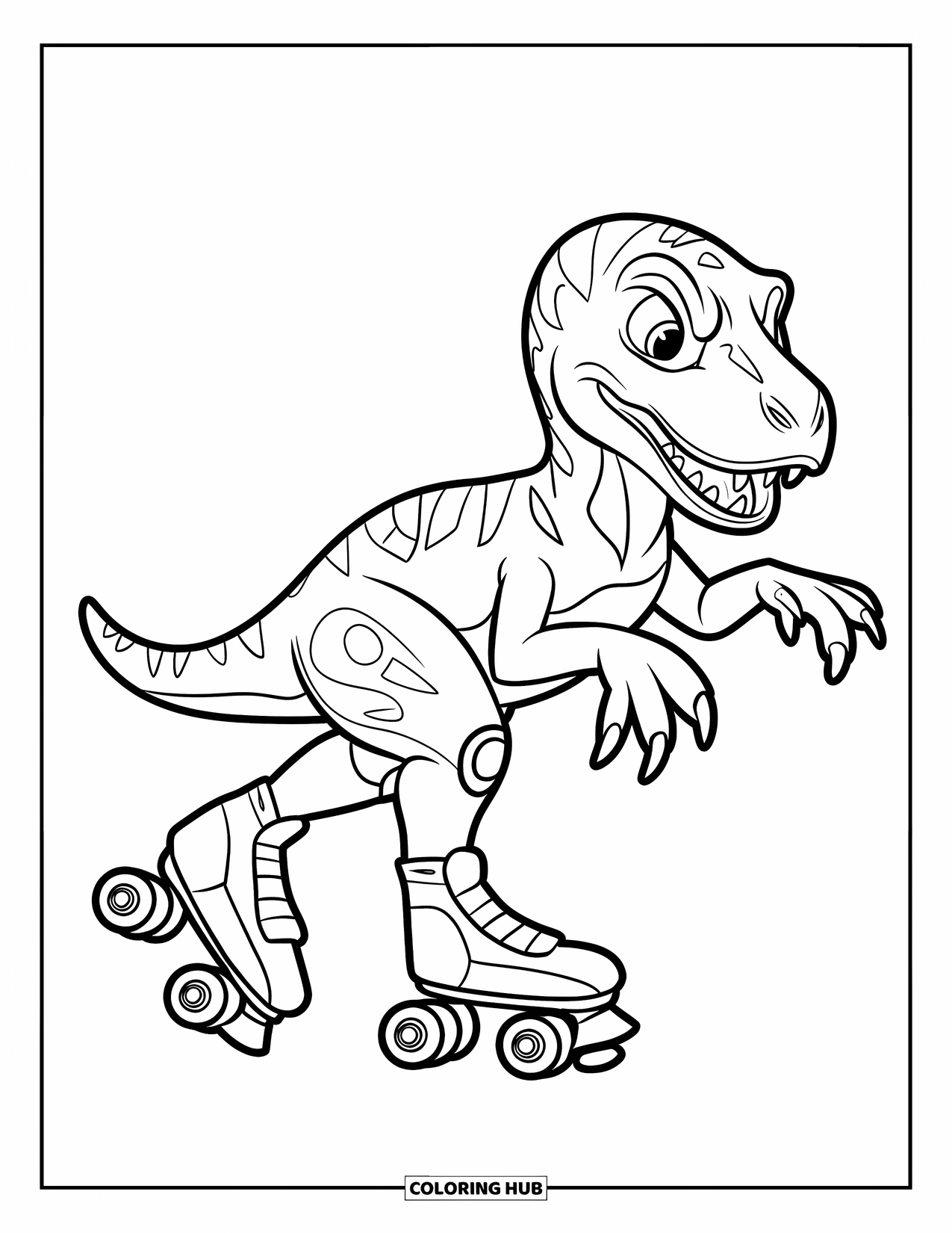 Dinosaur Coloring Page for Kids: A roller-skating Velociraptor stretches its arms to stay steady