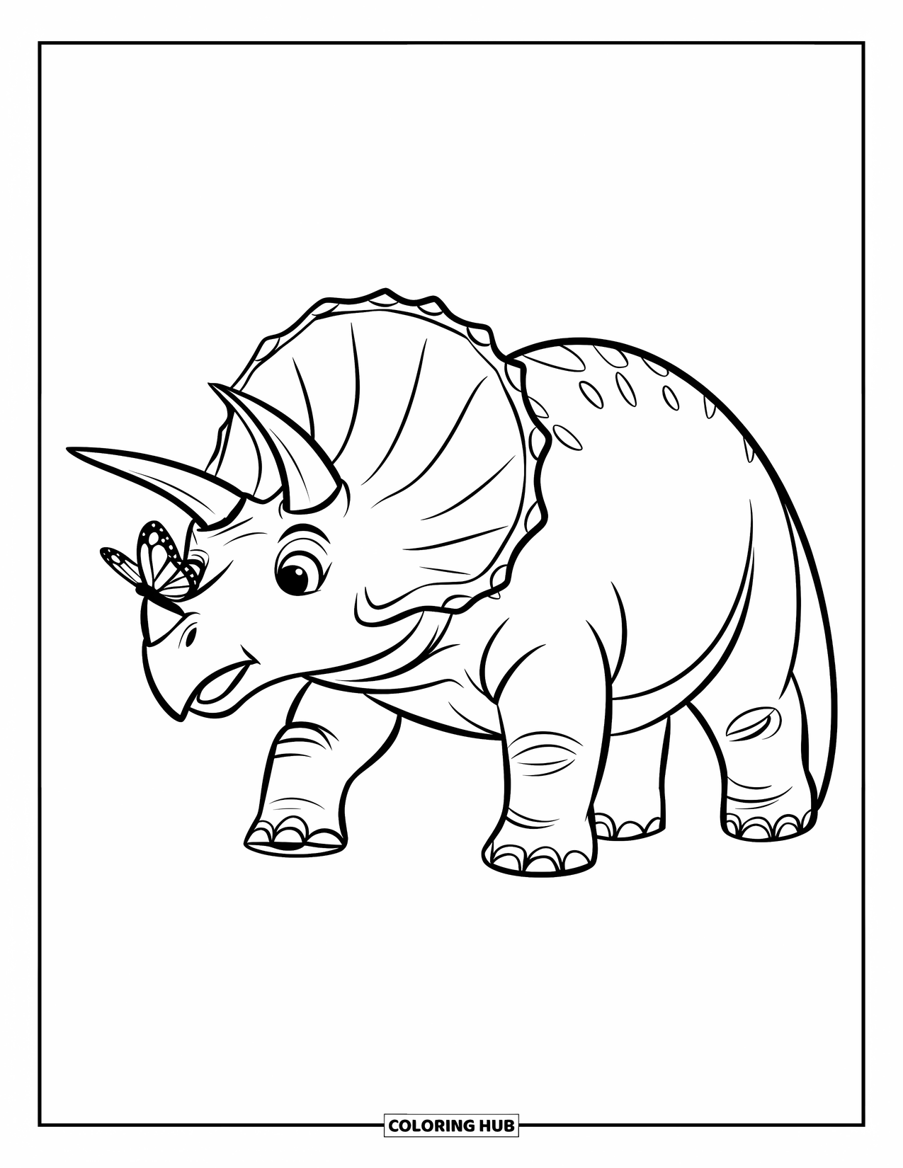 Dinosaur Coloring Page for Kids: A slow-walking Triceratops gets a butterfly on its nose