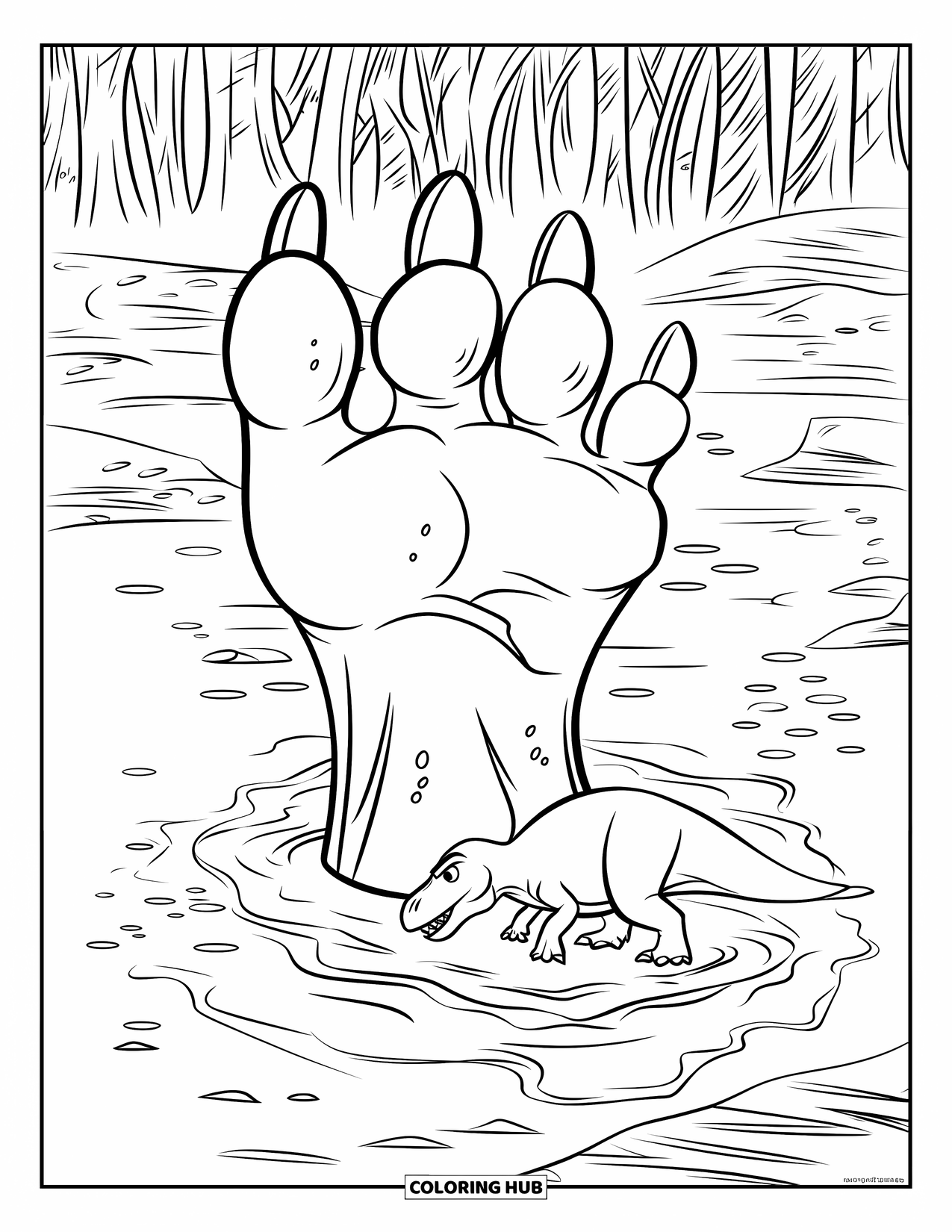 Dinosaur Coloring Page for Kids: A small dinosaur inspects a deep T-Rex footprint in the mud