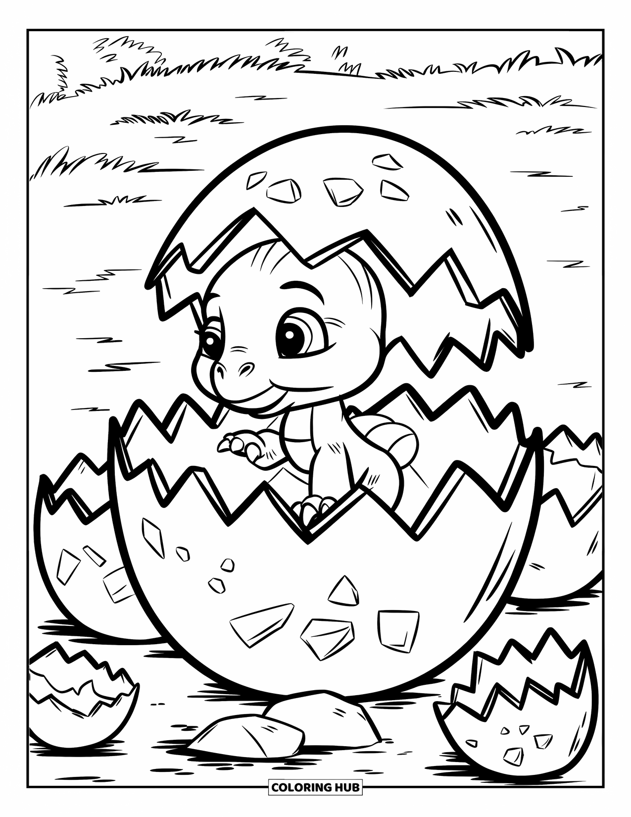 Dinosaur Coloring Page for Kids: A small dinosaur with tiny legs peeks from a cracked egg in a field