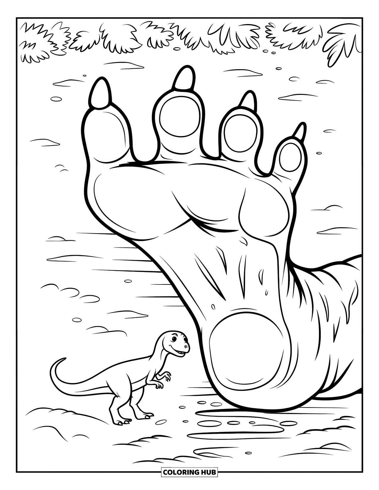 Dinosaur Coloring Page for Kids: A smaller dinosaur inspects a giant T-Rex footprint in the mud