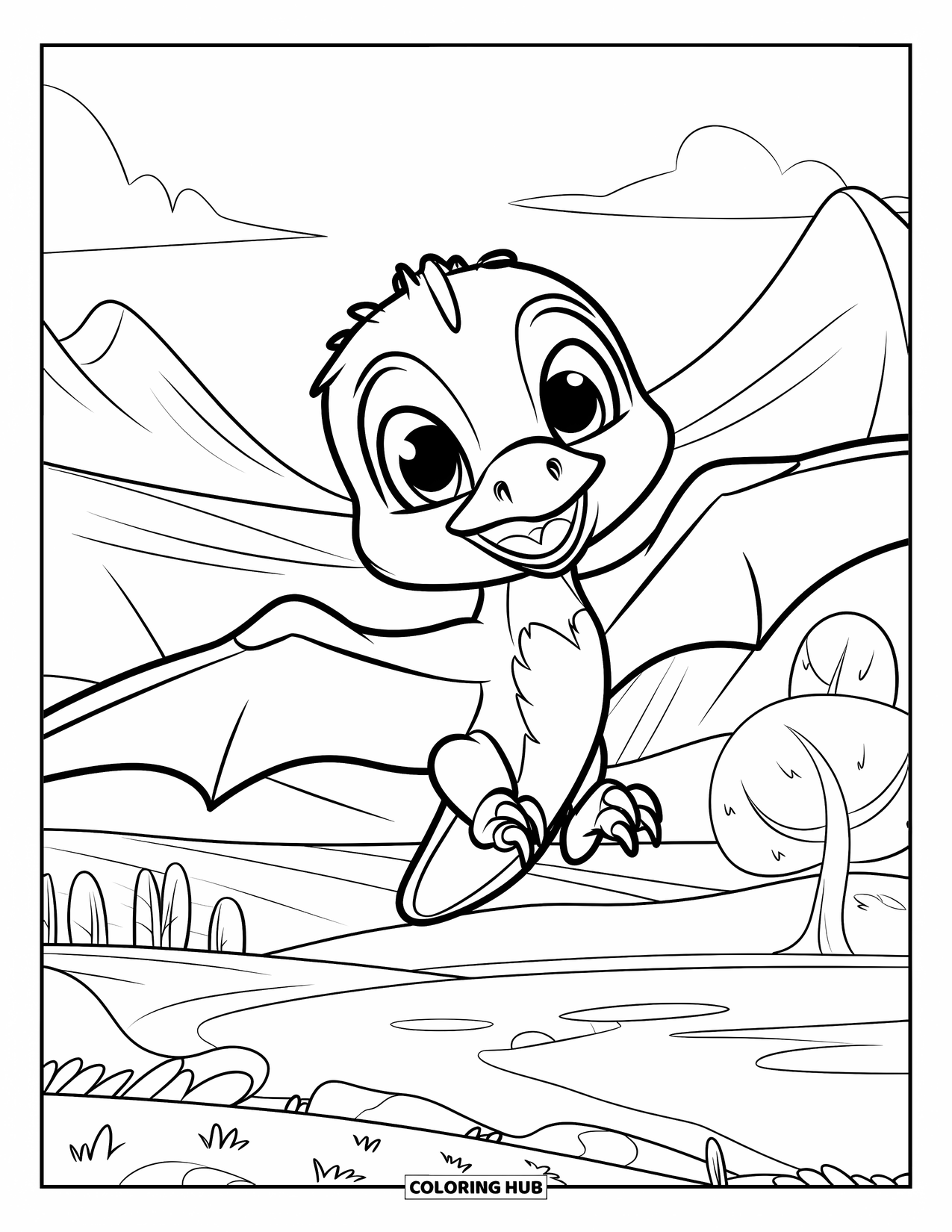 Dinosaur Coloring Page for Kids: A smiling baby Pteranodon flaps its wings over hills and water