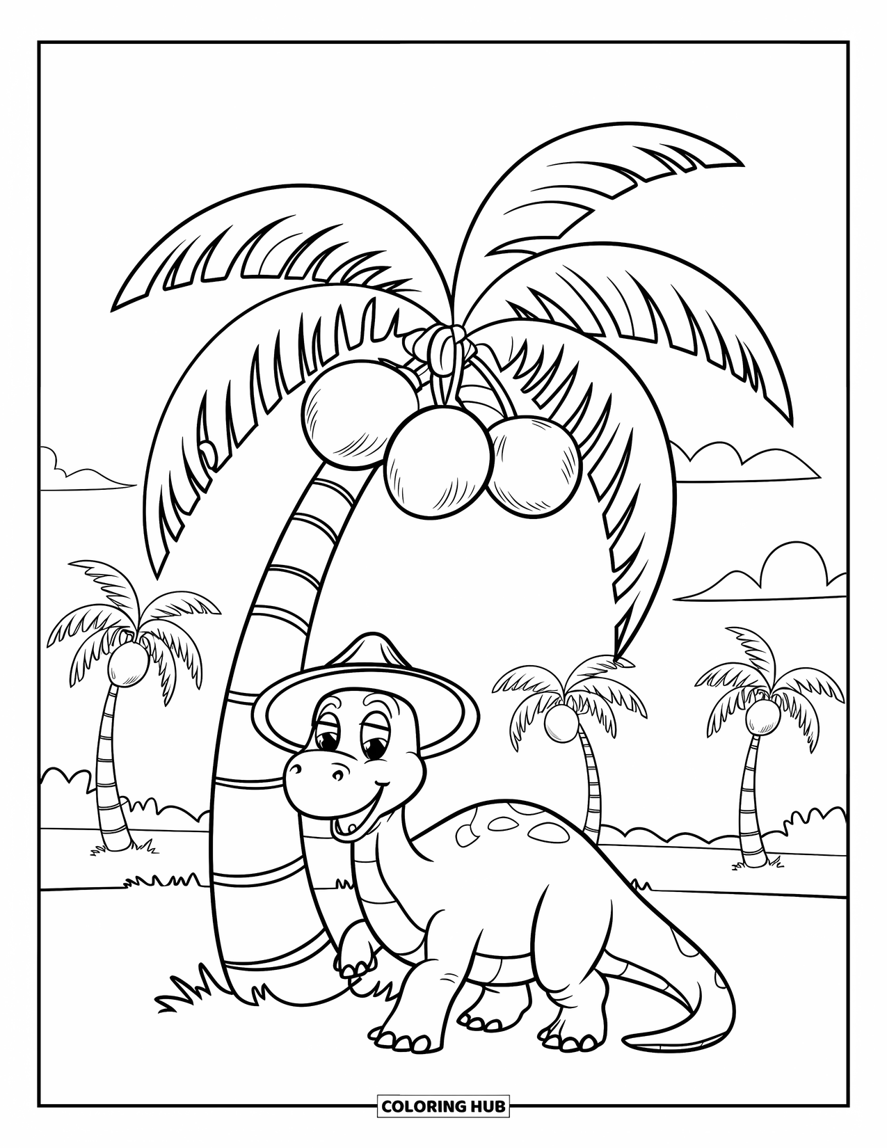 Dinosaur Coloring Page for Kids: A smiling dinosaur in a colorful hat stands under a palm tree